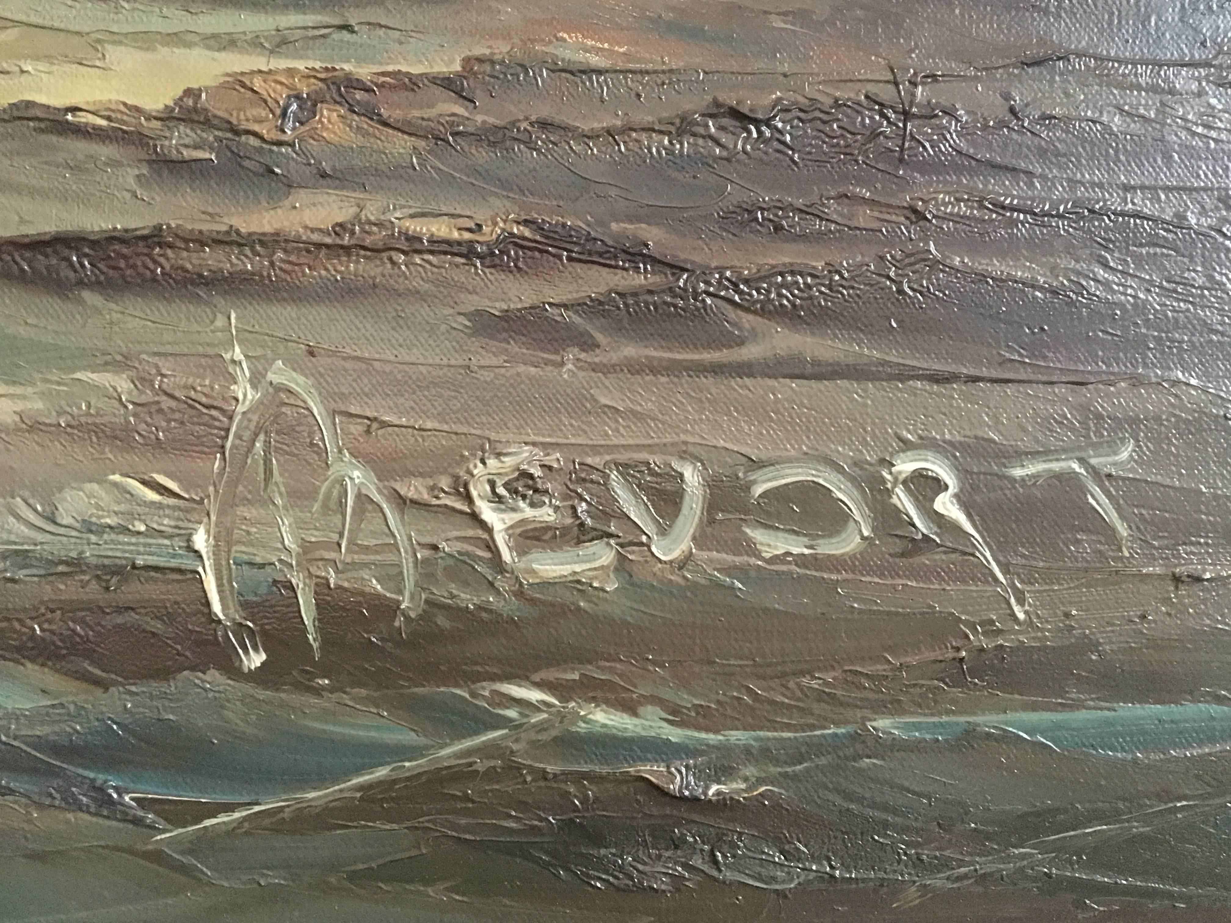 Impressionistisches Gemälde, Öl auf Leinwand, Gemälde von John Bevort, Hafenszene, Öl im Zustand „Gut“ im Angebot in Schagen, NL