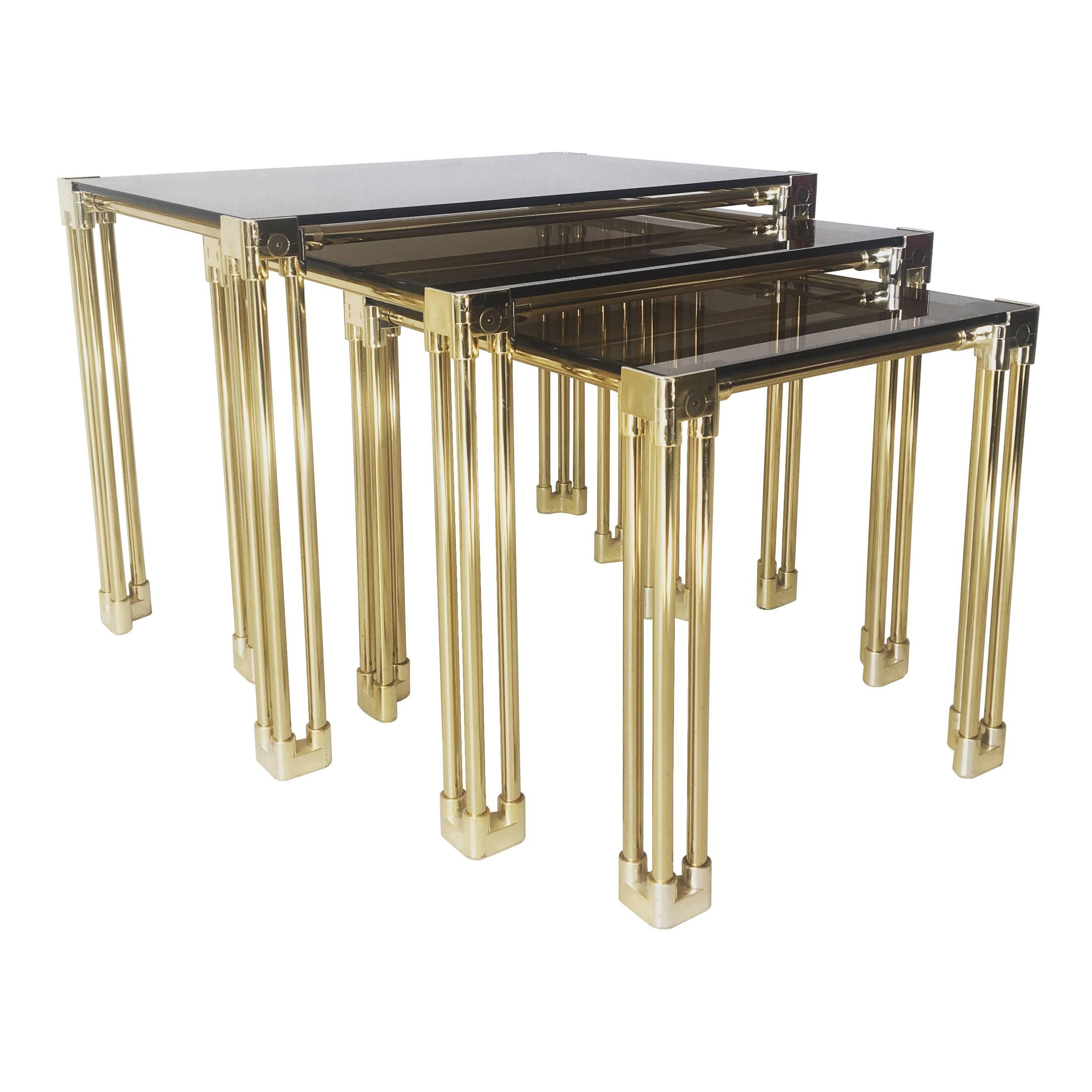 Hollywood Regency Style Nesting Tables with Brass Colored Metal Frame, 1970s