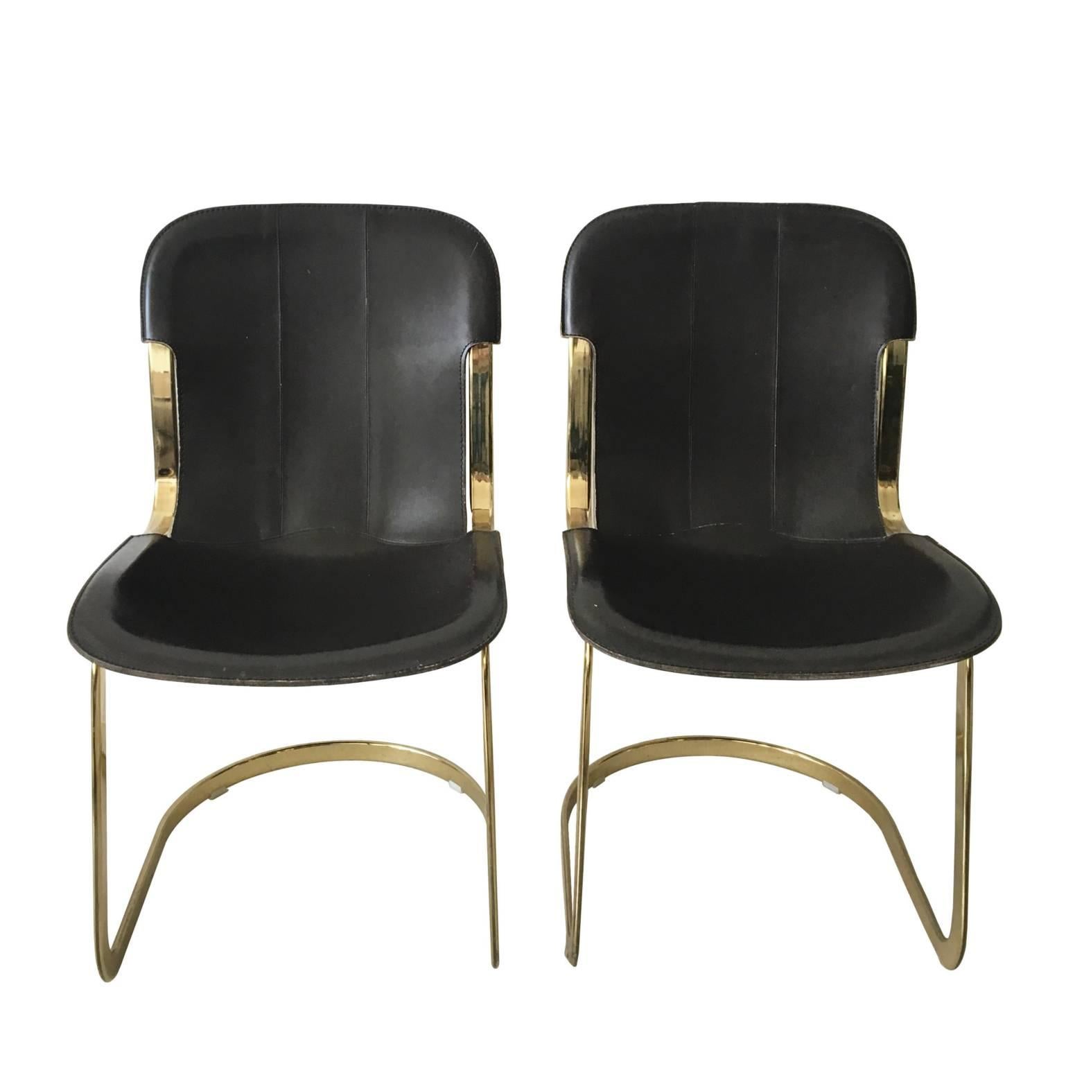 Brass and Leather Dining Chairs by Willy Rizzo for Cidue, 1960s, Set of Two