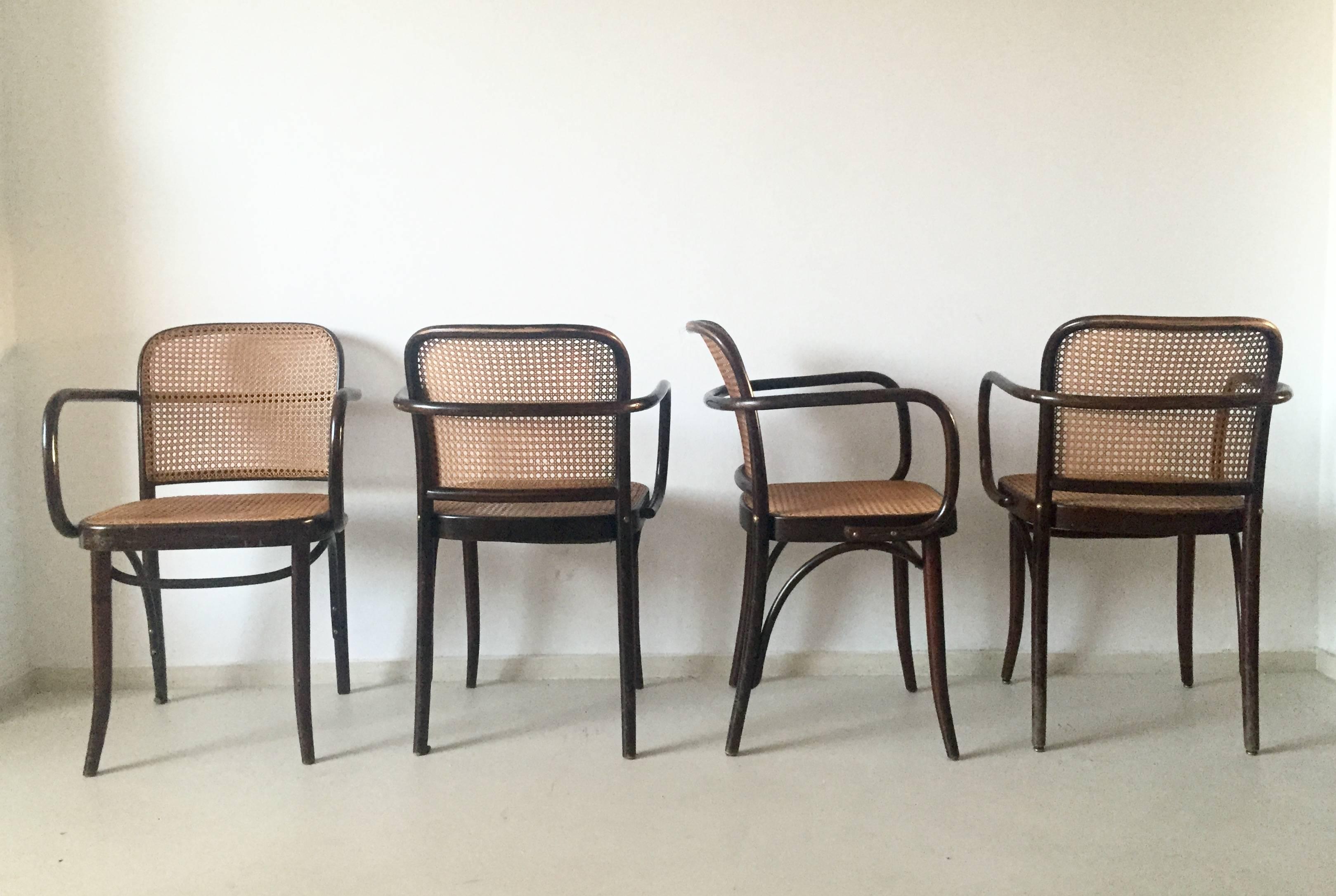 This set of four beautiful chairs is designed by Josef Hoffman and produced in Czechoslovakia, circa 1960s. They feature a bentwood frame and a cane seat and back.

They remain in a good vintage condition with minimal signs of age and use.