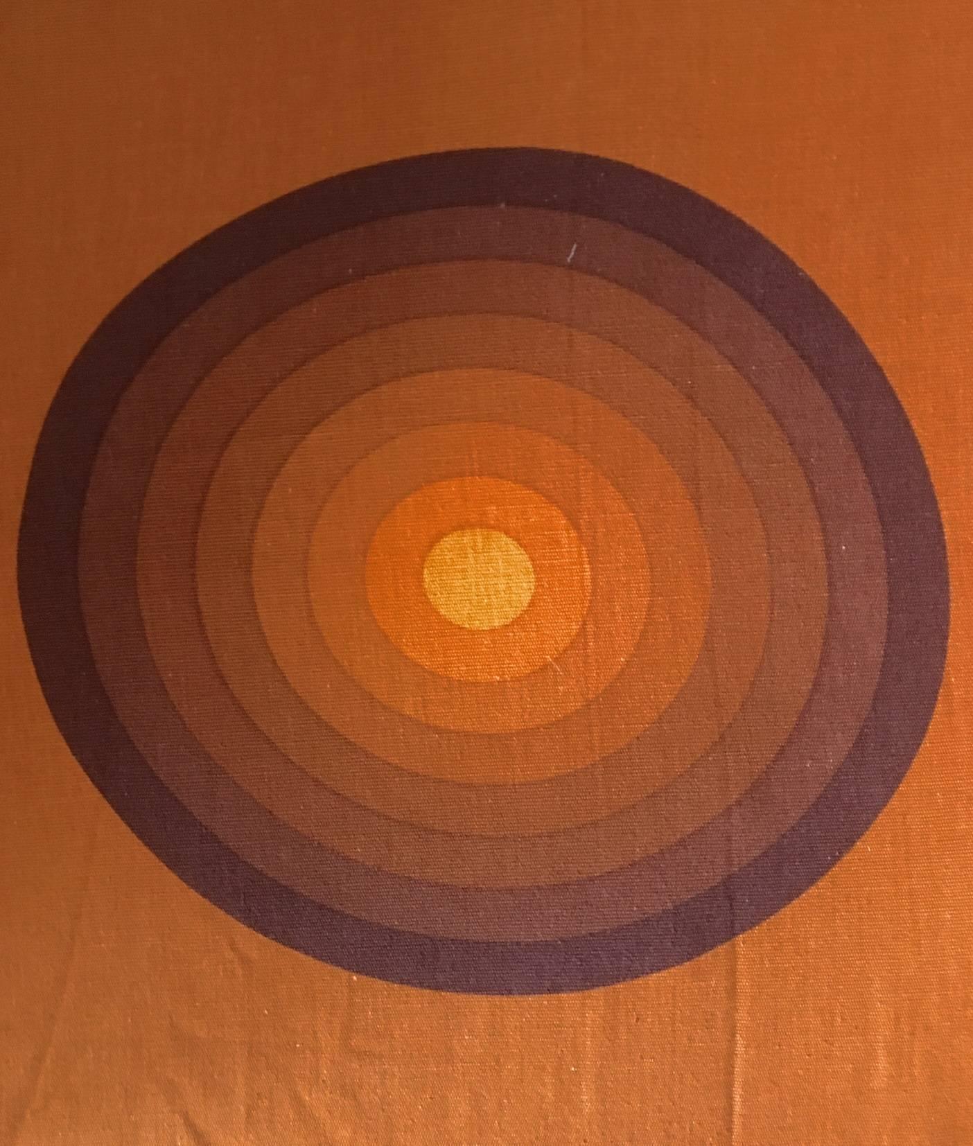 Vintage Verner Panton textile / curtains, manufactured in Denmark, circa 1960s. These pieces feature a symmetric template of multilayered spheres or circles (Spectrum) These layers visually give a multi dimensional look. These textiles can be used