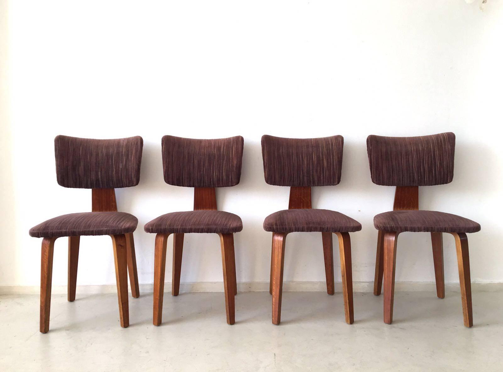 A legendary Dutch design classic, this set of four dining chairs designed by Cor Alons and J.C. Jansen.

The chairs were designed for C. den Boer Meubelfabrieken, Gouda Holland in 1949. They feature a plywood frame fabricated in birch and come