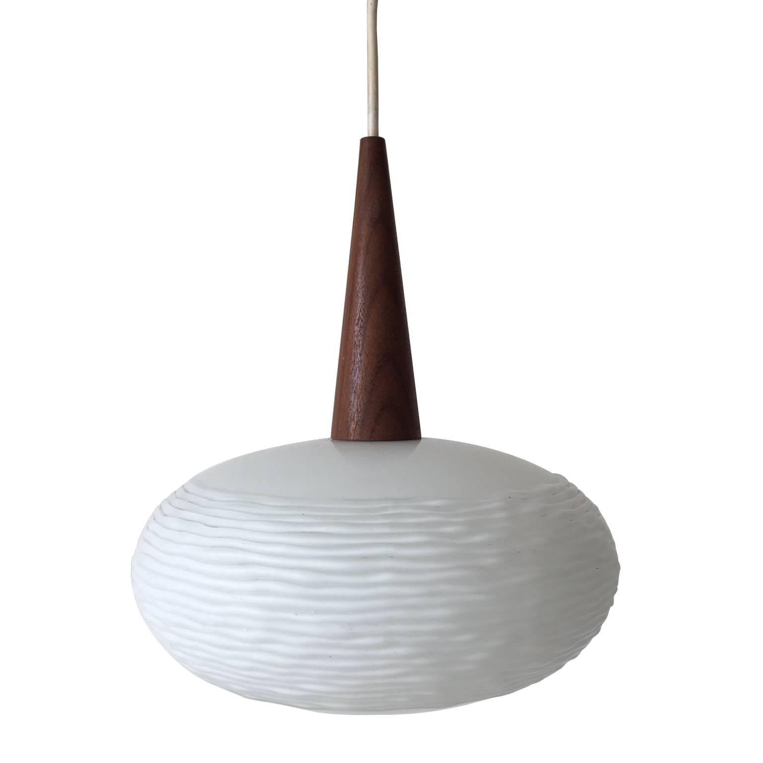 Opaline Glass and Teak Pendent Lamp by Louis Kalff for Philips, 1960s For Sale