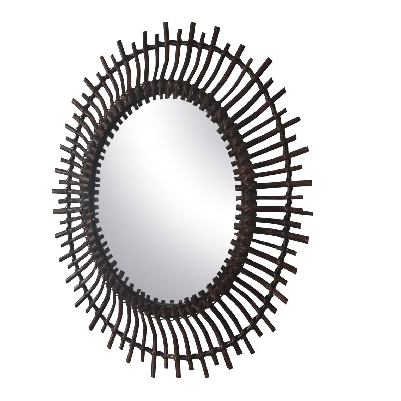 Oval Mid-Century Modern Spanish Rattan Sunburst Mirror, 1960s 2