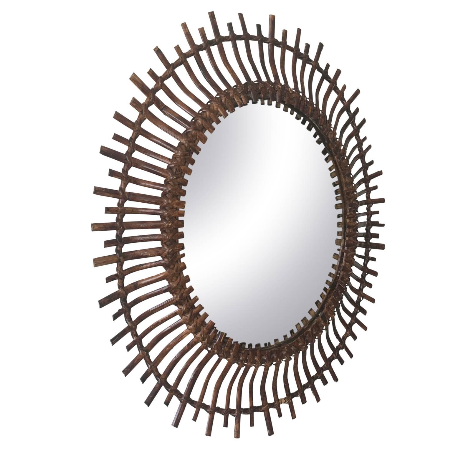 Oval Mid-Century Modern Spanish Rattan Sunburst Mirror, 1960s 3