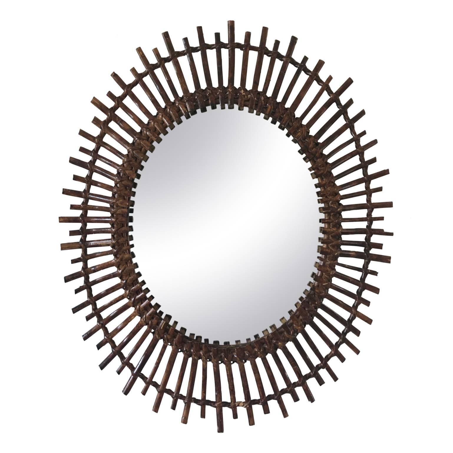 Oval Mid-Century Modern Spanish Rattan Sunburst Mirror, 1960s