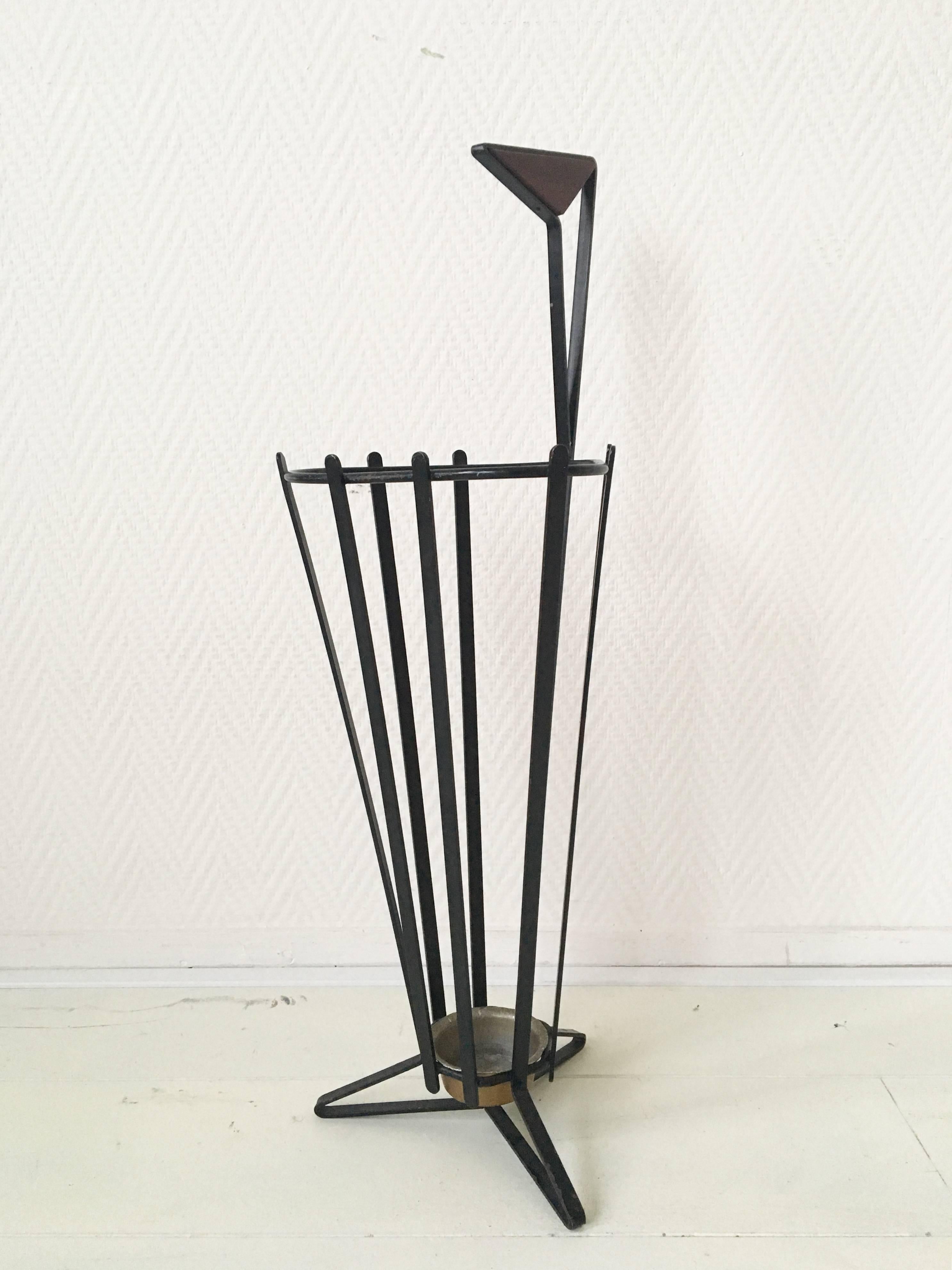 Mid-Century Modern Metal and Teak Tripod Umbrella Stand in Style of Mathieu Matégot, 1950s For Sale