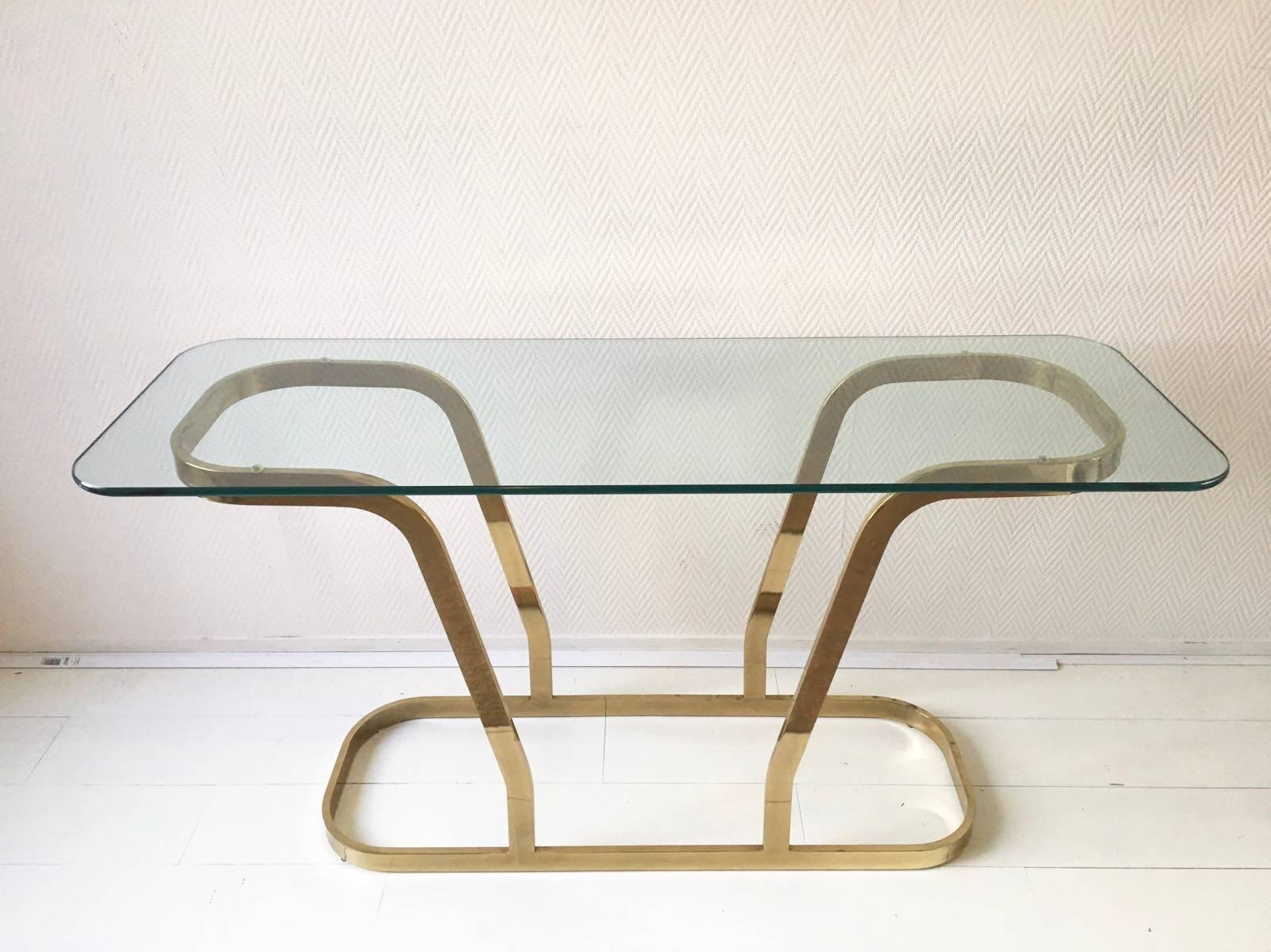Hollywood Regency Brass and Glass Oval Modern Console or Entry Table, 1970s In Good Condition In Schagen, NL