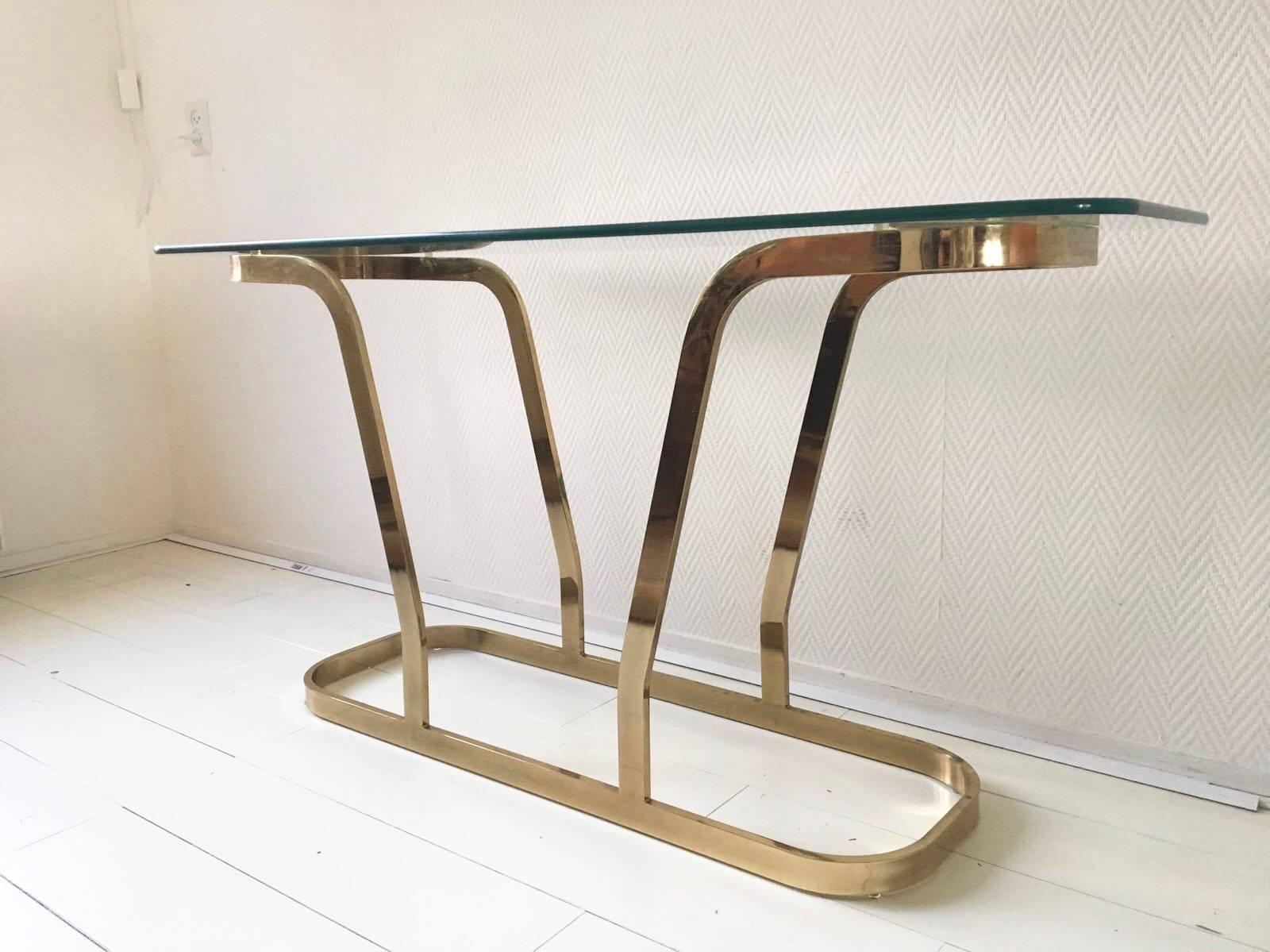European Hollywood Regency Brass and Glass Oval Modern Console or Entry Table, 1970s