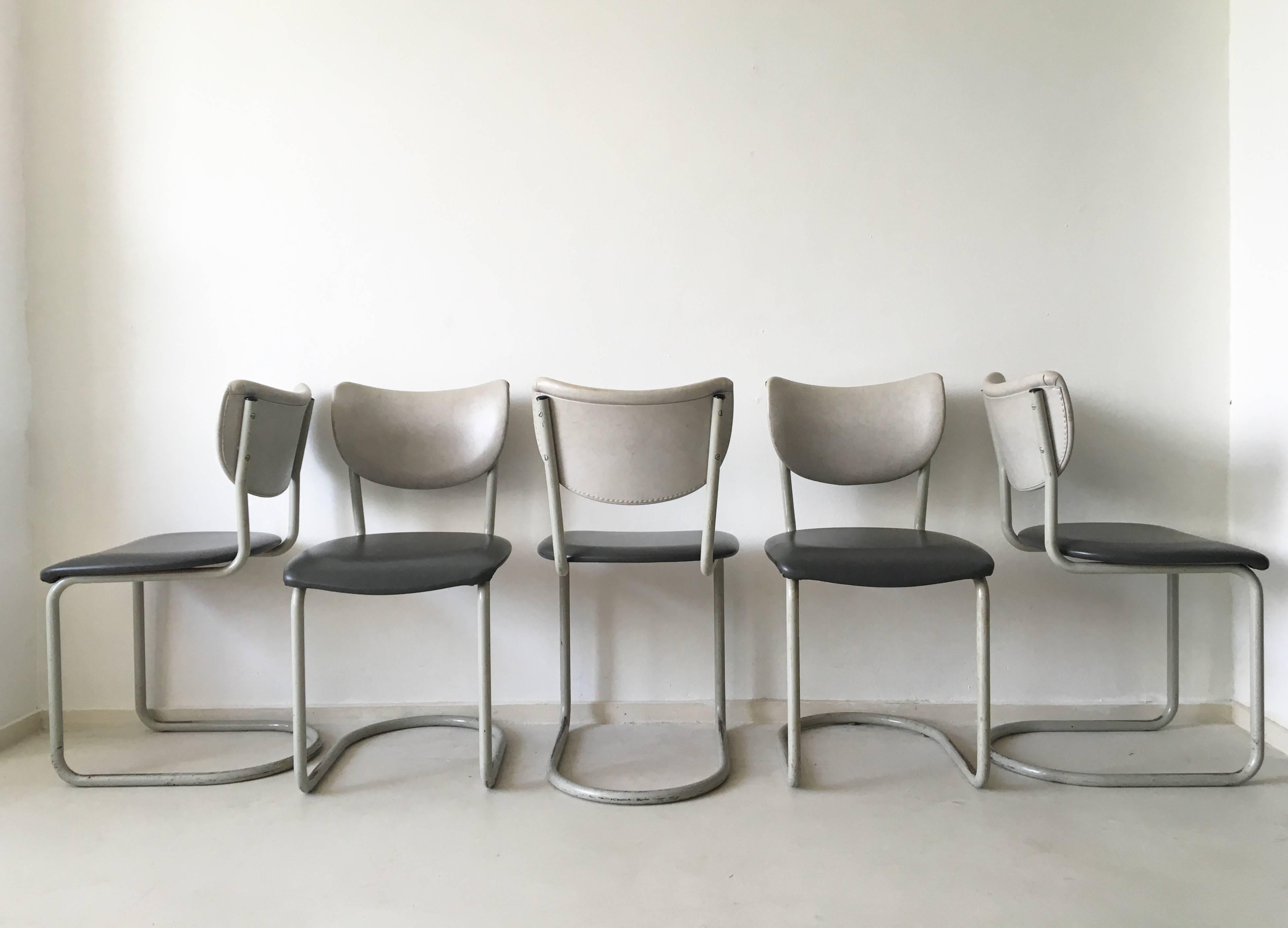 Dutch Gebr. De Wit, Industrial, Tubular Dining room chairs, Model 2011, 1950s For Sale