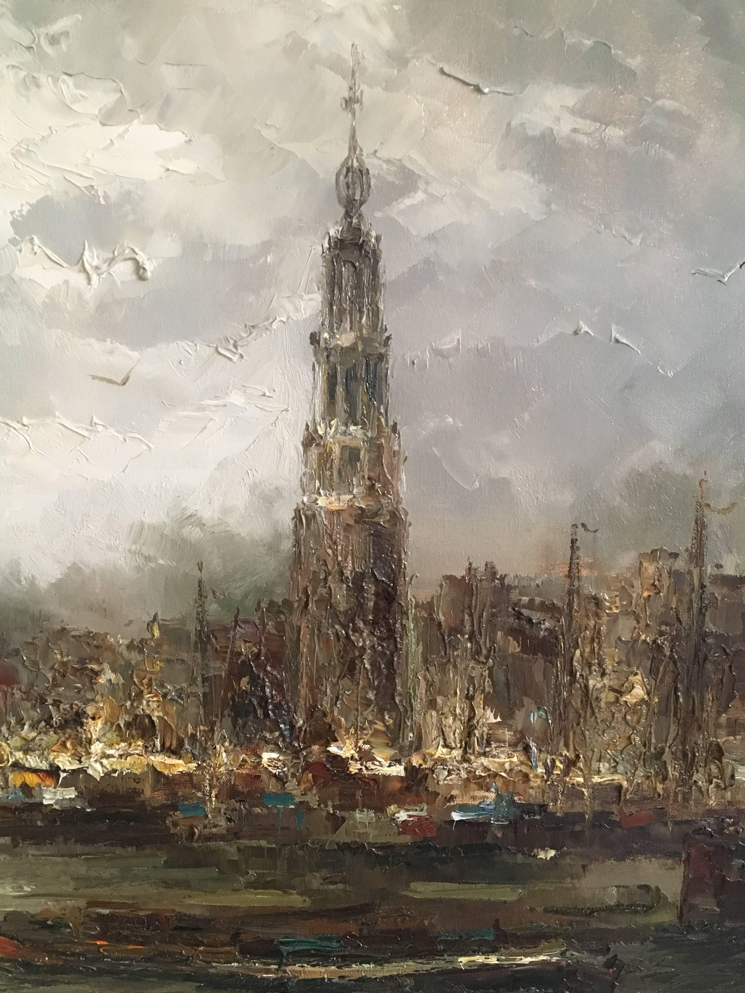 Mid-Century Modern Peinture impressionniste sur toile de John Bevort, scène de port en vente