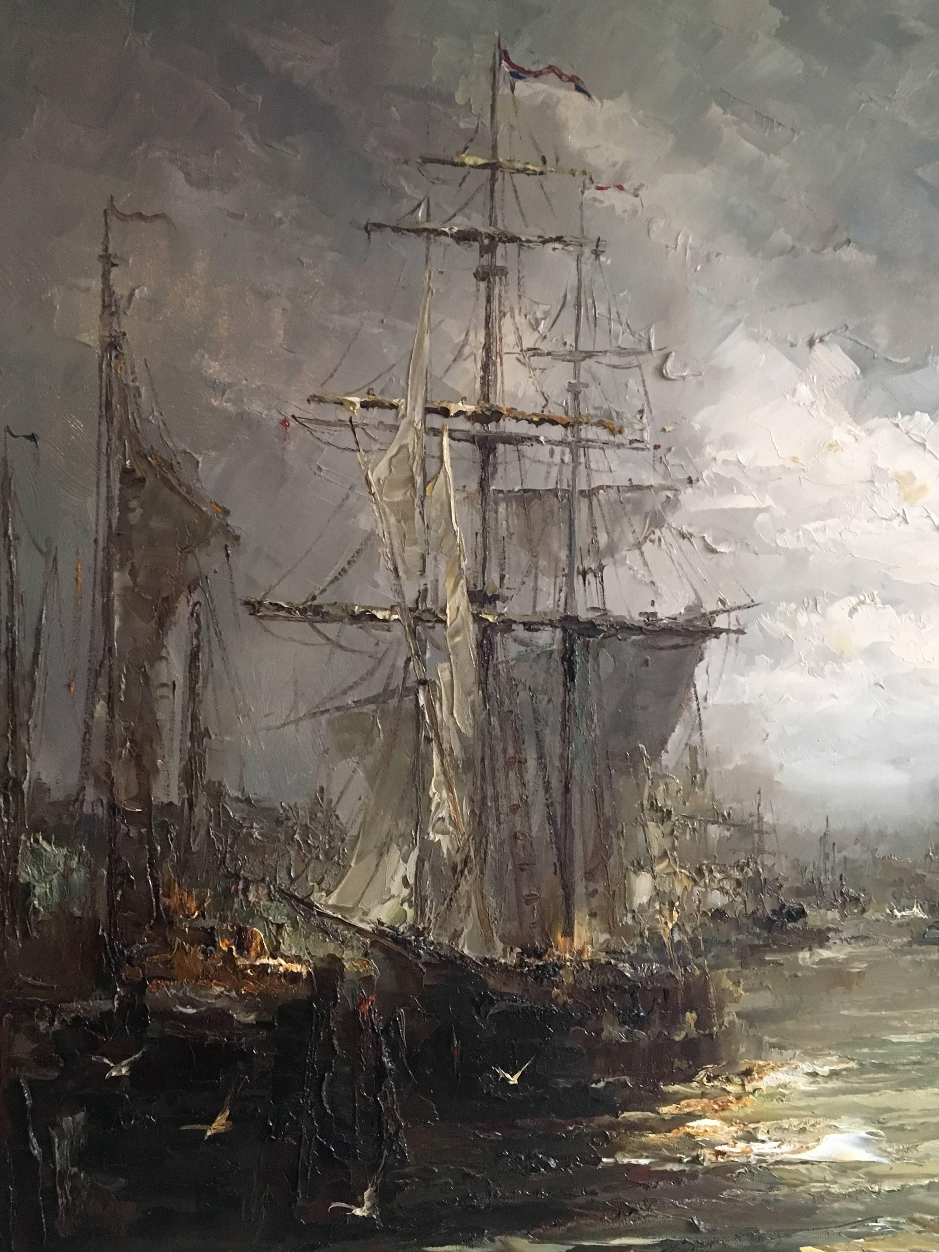 Néerlandais Peinture impressionniste sur toile de John Bevort, scène de port en vente