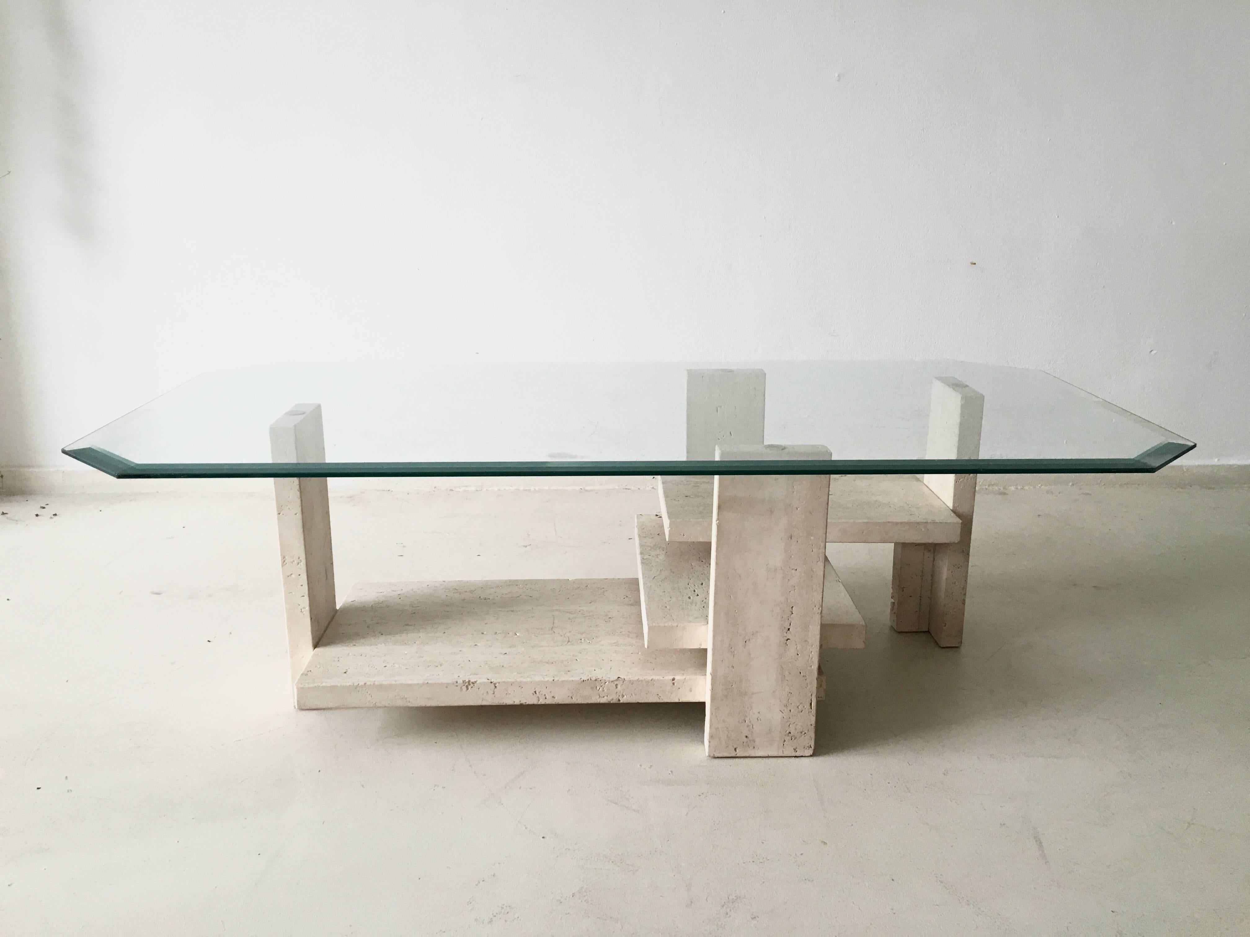 Late 20th Century Brutalist Octagonal Travertine and Glass Coffee Table by Willy Ballez, 1970s