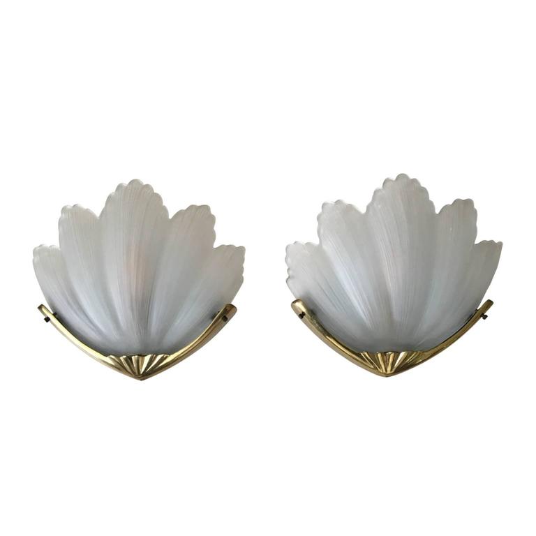 Stunning Frosted Glass Shell Sconces in Gold Coloured Metal Holder, 1960s-1970s For Sale at 1stdibs