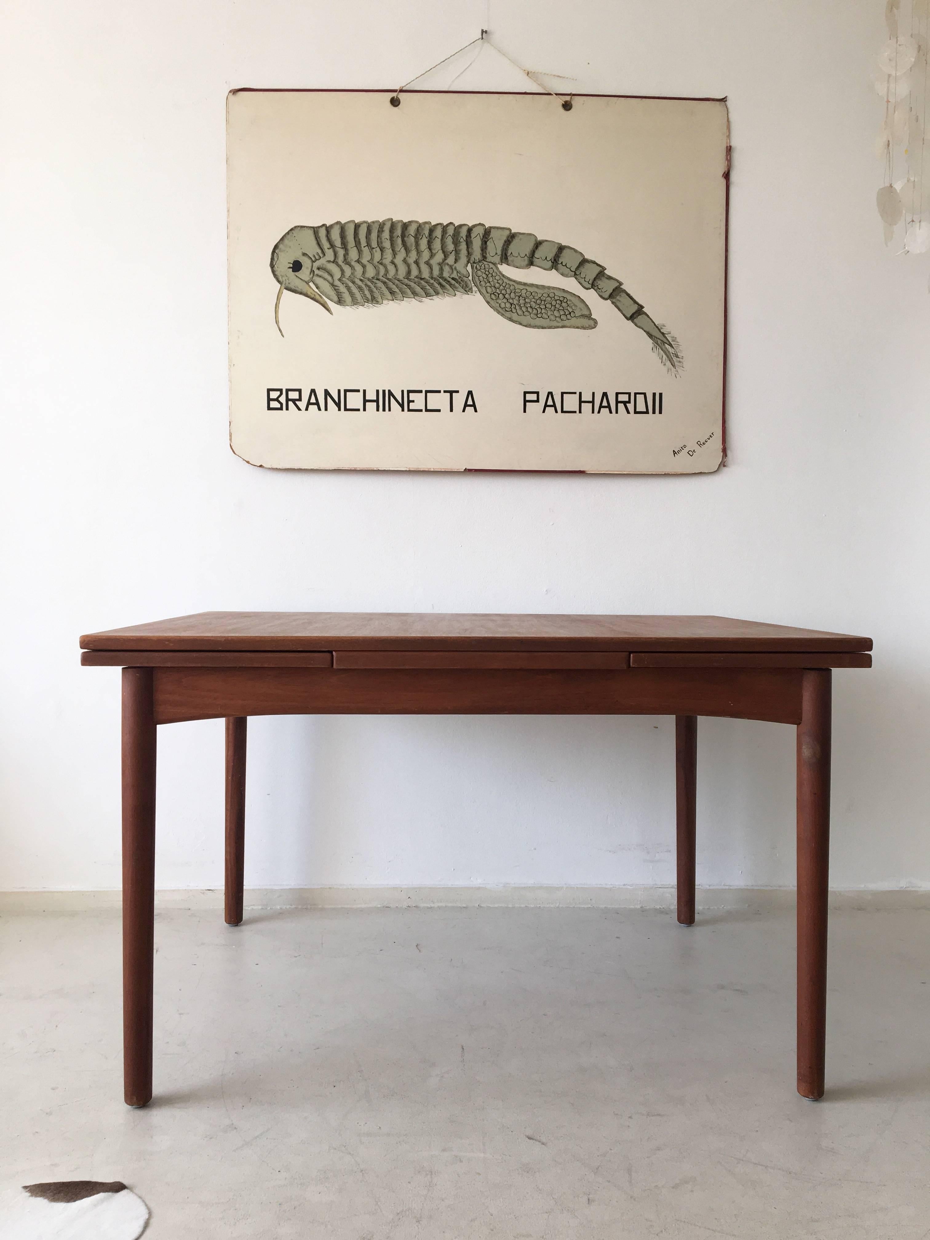 Table de salle à manger solide et extensible qui a probablement été fabriquée en Scandinavie vers les années 1960. Cette magnifique pièce rectangulaire est composée d'un corps et de pieds en teck et de deux tiroirs. Dimensions : B:121/195 H:74 cm