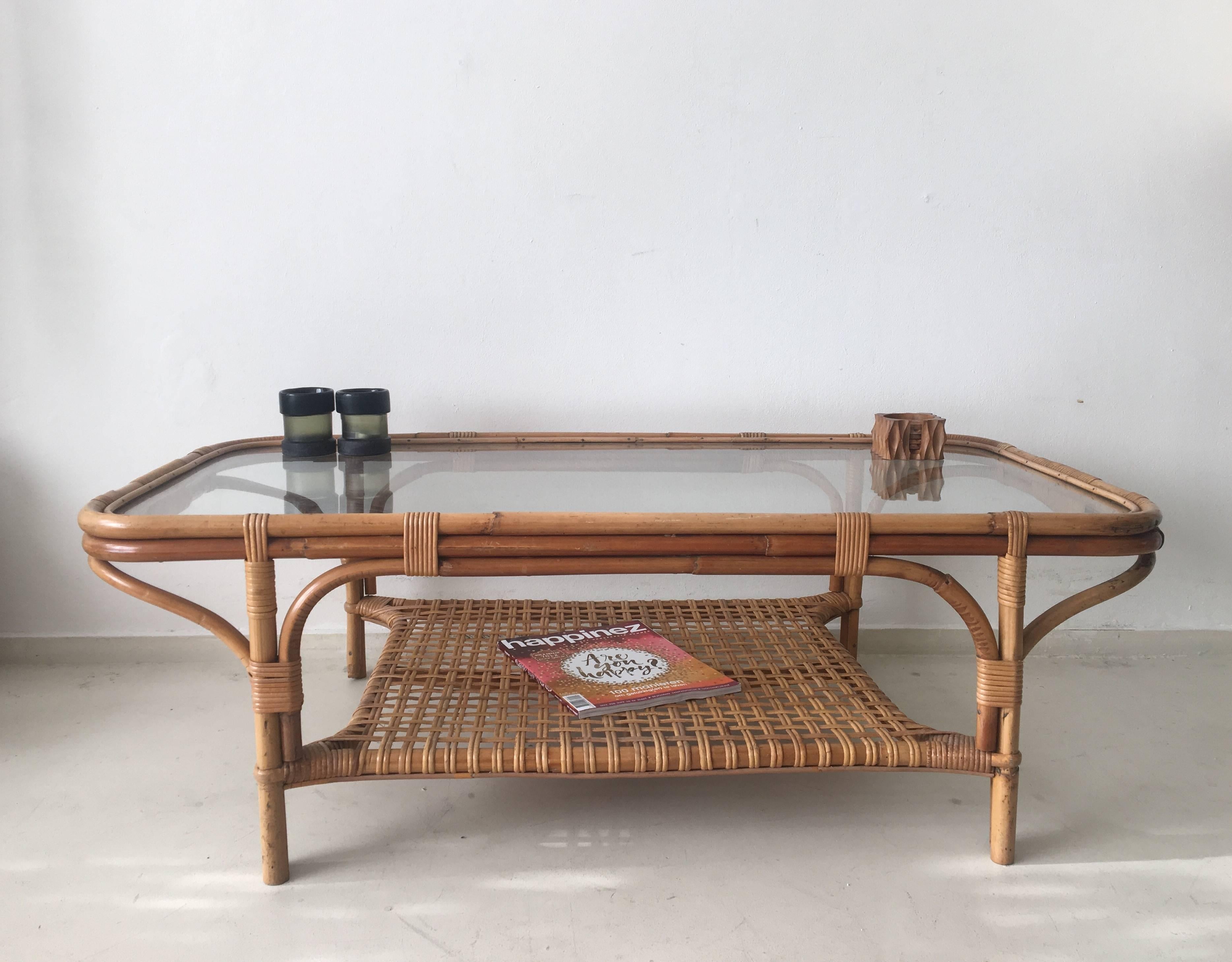 European Rattan and Glass Rectangular Coffee Table, 1960s