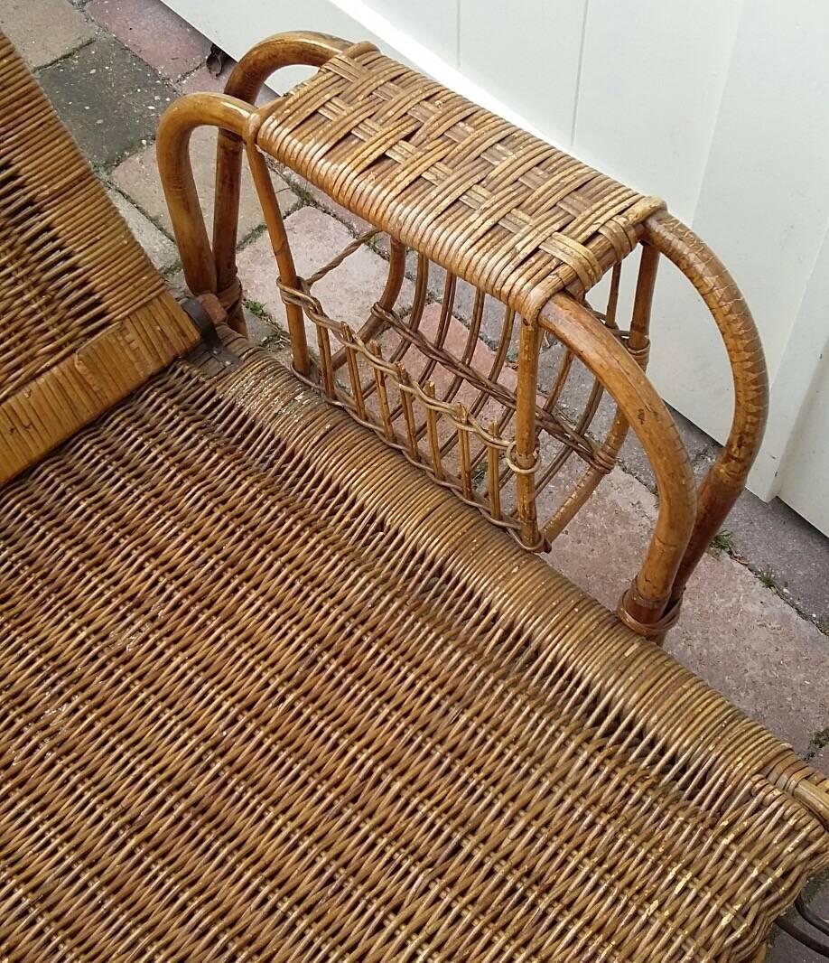 European Mid-Century Wicker Deck Chair with Foot Stool. NOW ON SALE!