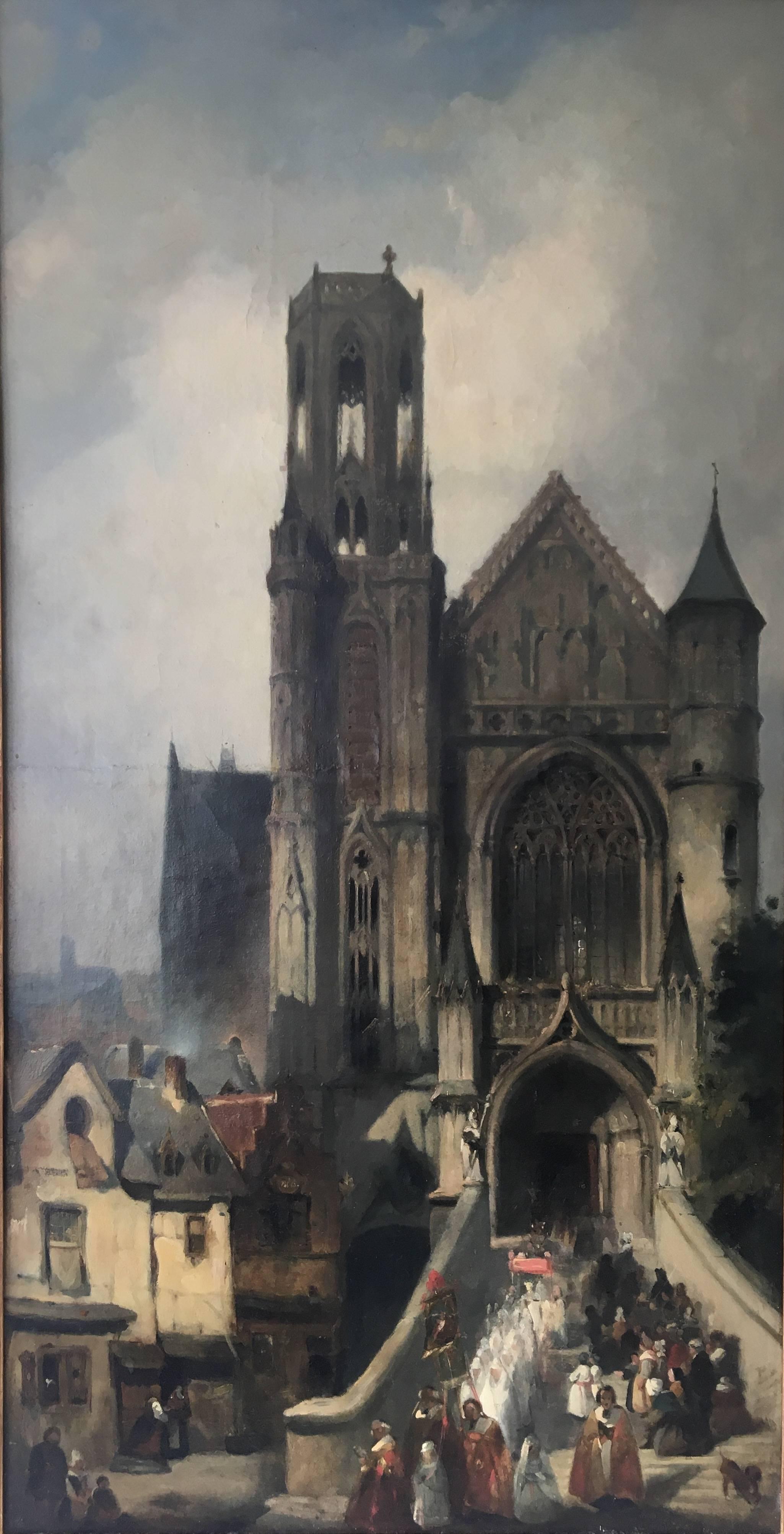 Uncommon scene, painted by the Dutch Painter Joseph Bles! (1825-1875).
This large oil on canvas work, was Marouflaged on panel and features a religious scenery. The outgoing procession seems to take place in a Northern French environment. 
As a
