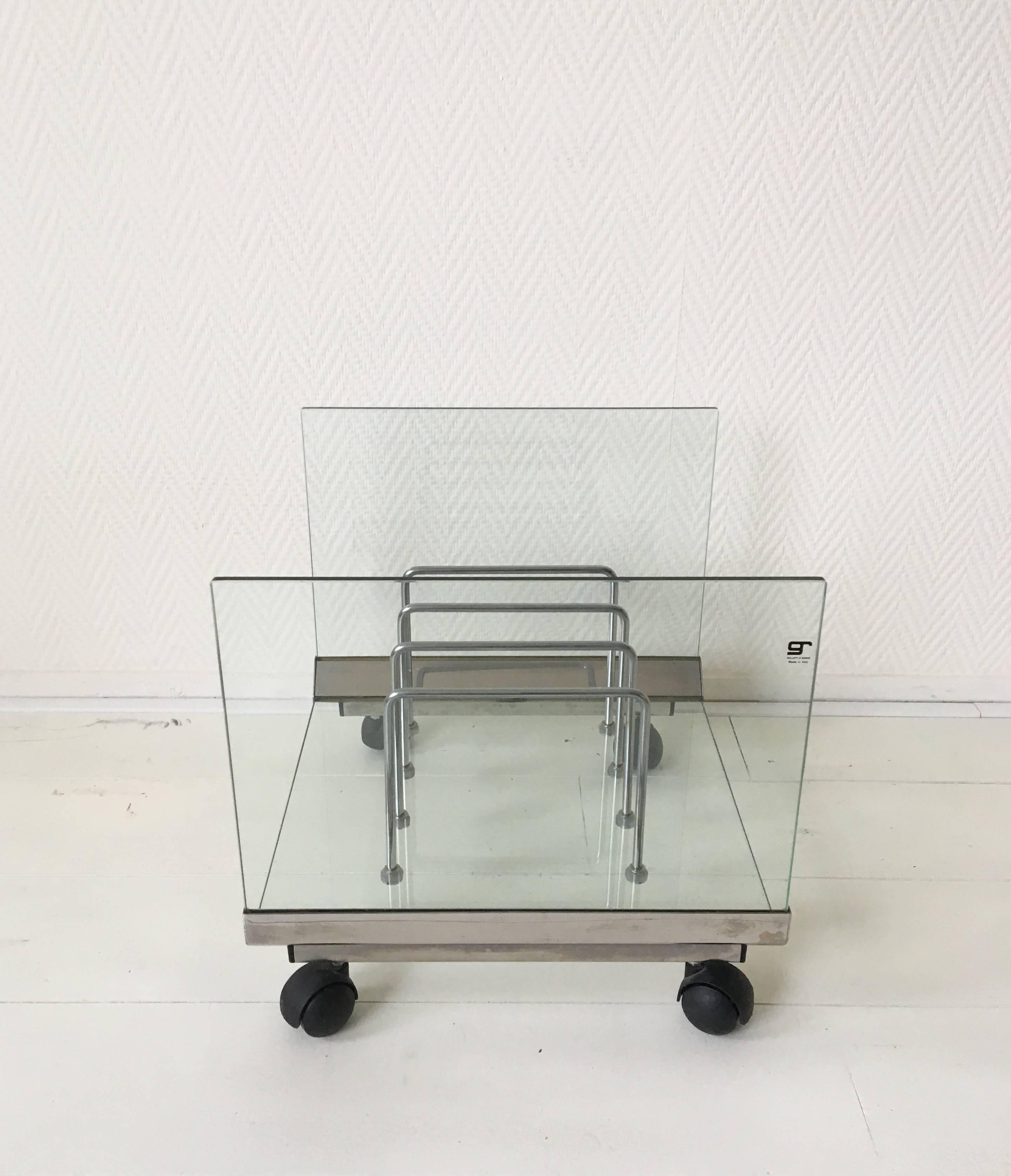 Stainless Steel Rare Italian Glass Magazine Holder or Record Rack by Galotti and Radice, 1970s