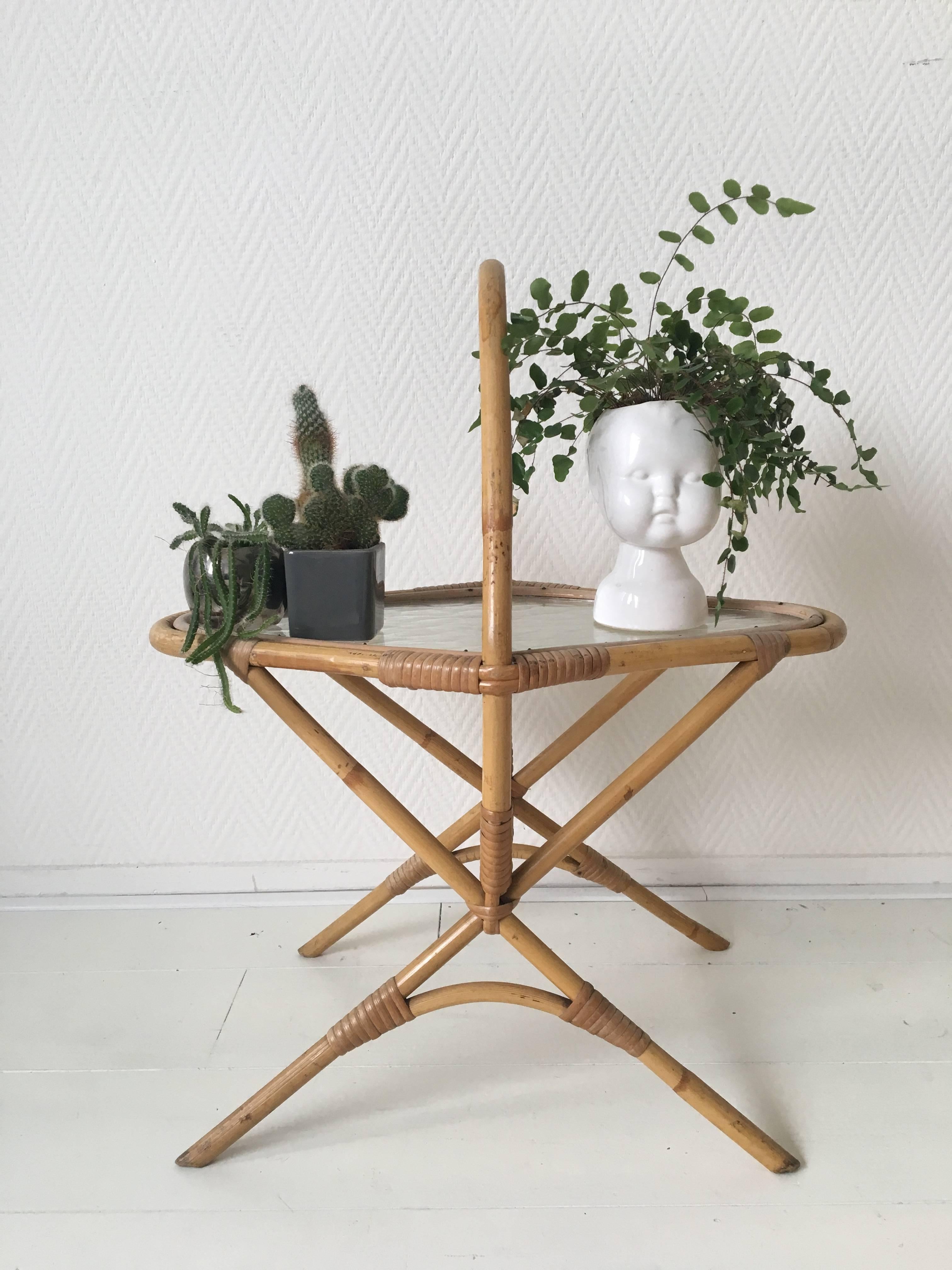 20th Century Small Vintage Rattan and Glass Side Table, Planter, 1960s