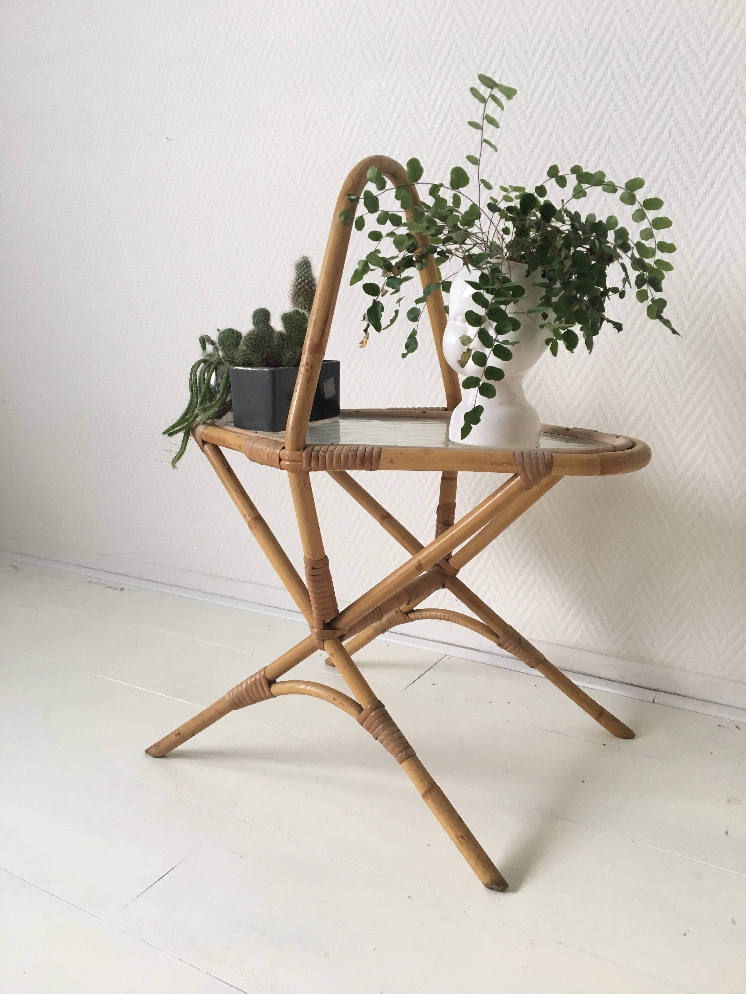 Small Vintage Rattan and Glass Side Table, Planter, 1960s 1