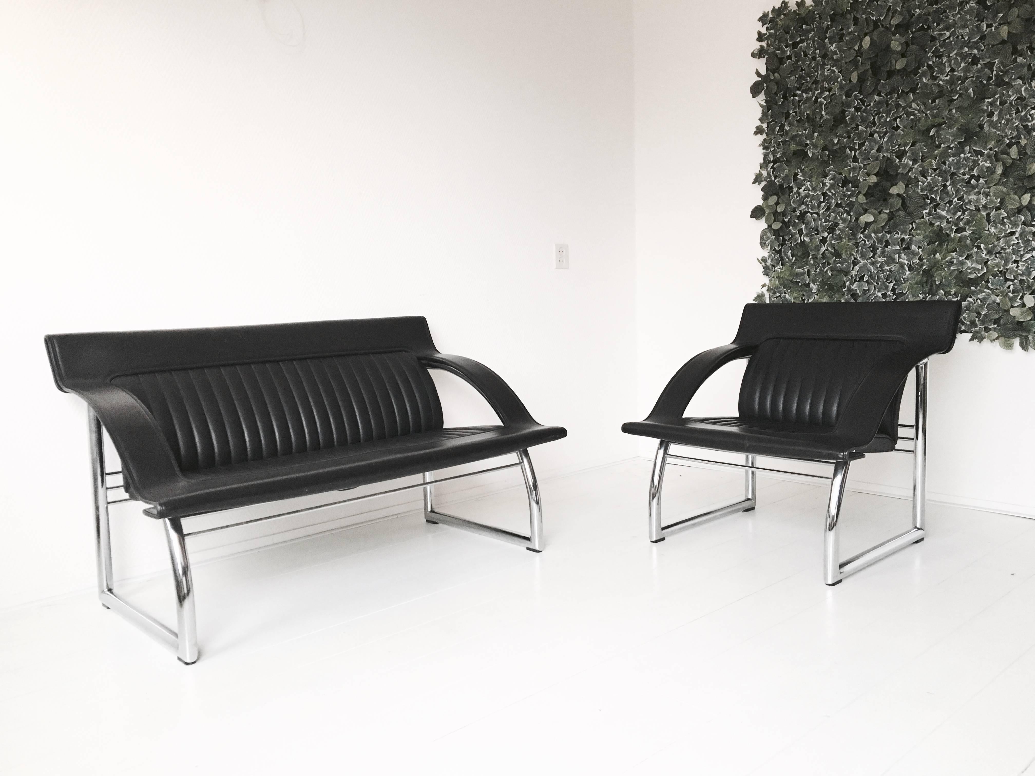 Metal De Sede DS-127, Rare Black Leather Sofa and Lounge Chair by Gerd Lange, 1980s For Sale