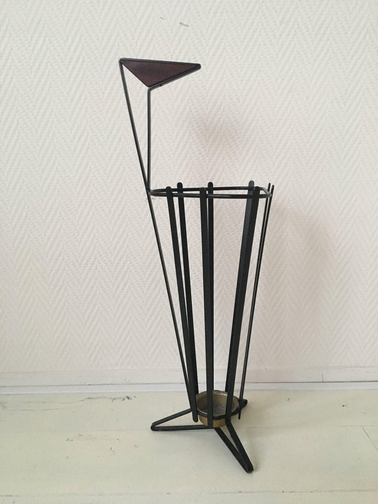 Metal and Teak Tripod Umbrella Stand in Style of Mathieu Matégot, 1950s