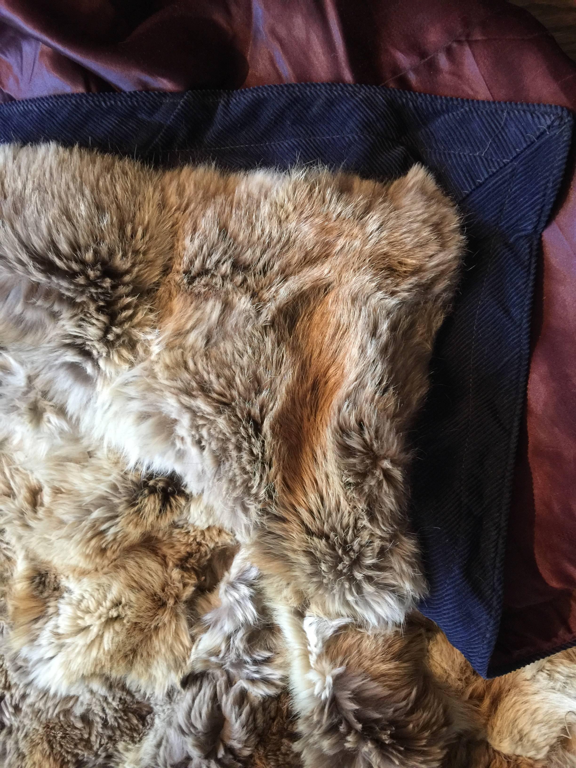 Modern Natural Fox Throw Blanket custom size with corduroy seams and silk lining