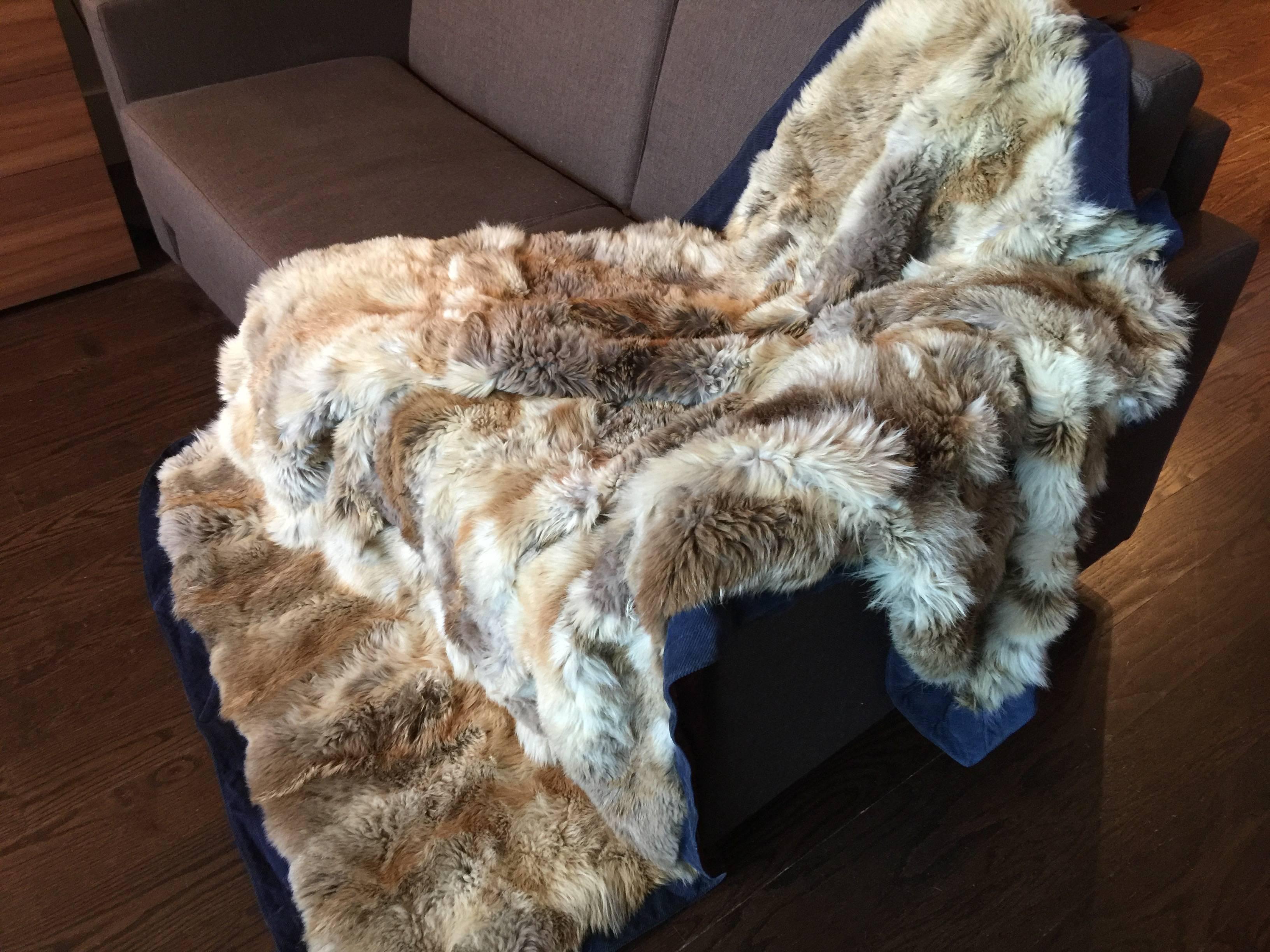 Fur Natural Fox Throw Blanket custom size with corduroy seams and silk lining