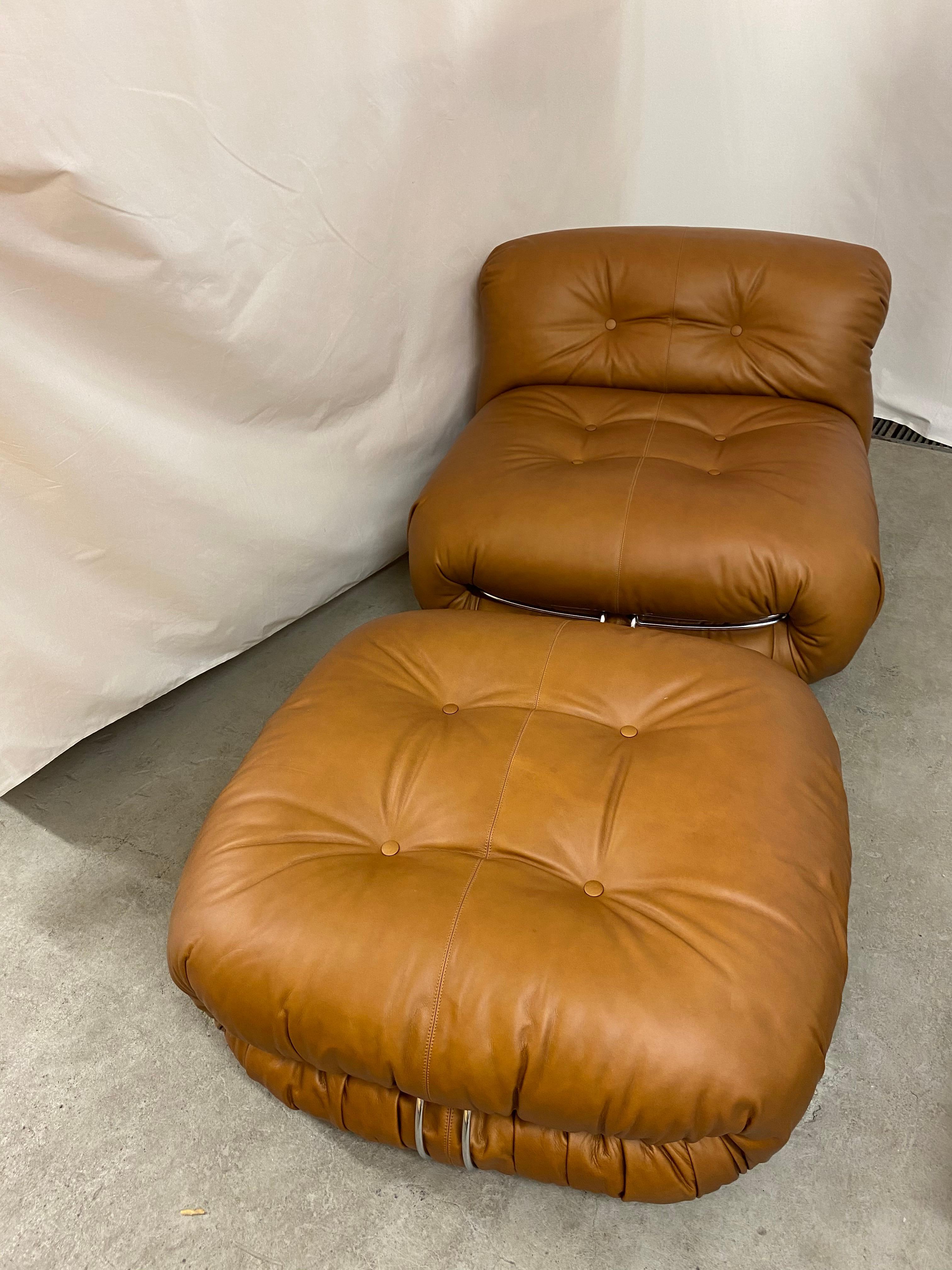 Soriana lounge chairs (2) and (1) ottoman designed by Tobia Scarpa 1970s manufactured by Cassina. Newly upholstered with the highest quality leather, in cognac color.

Important note about the leather: The leather we use is a full natural leather of