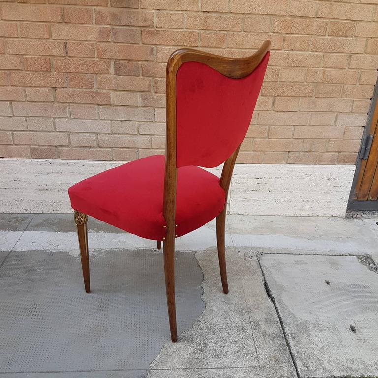 Osvaldo Borsani Dining Chairs with Brass Ornament and new Red Velvet Upholstery 4