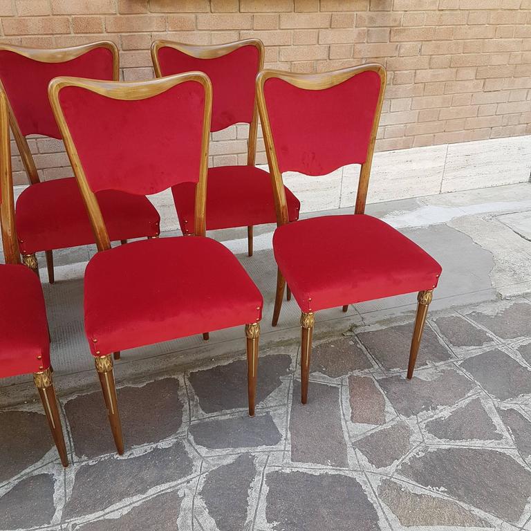Osvaldo Borsani Dining Chairs with Brass Ornament and new Red Velvet Upholstery 3