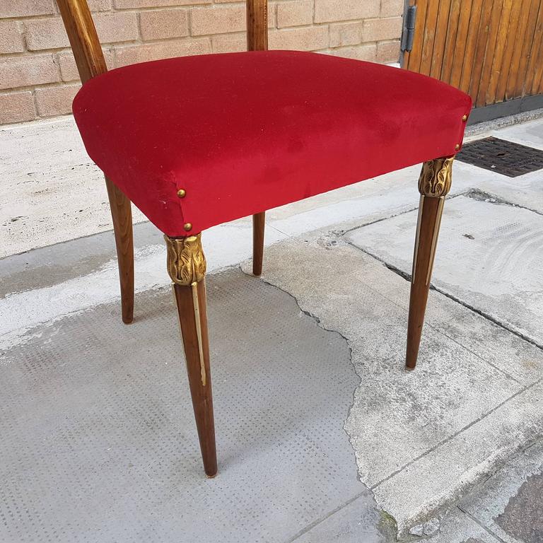 Osvaldo Borsani Dining Chairs with Brass Ornament and new Red Velvet Upholstery 6