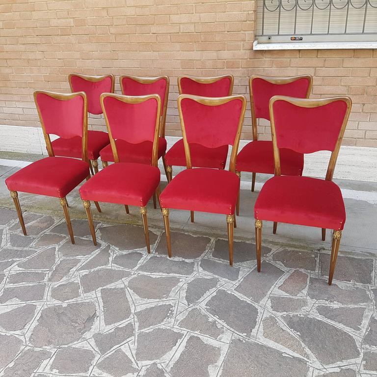 Osvaldo Borsani Dining Chairs with Brass Ornament and new Red Velvet Upholstery 7