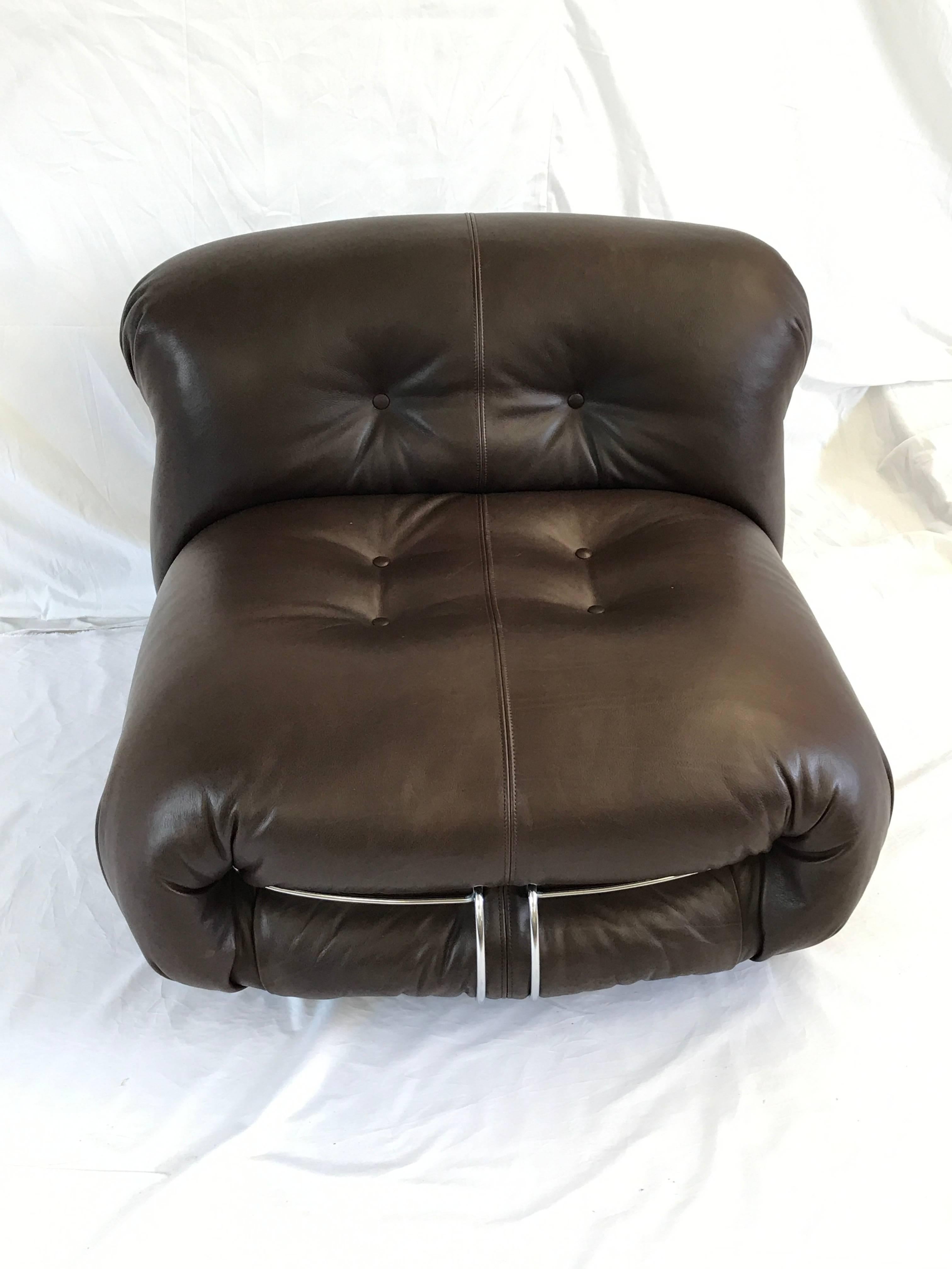 Soriana lounge chairs design Tobia Scarpa 1970s manufactured by Cassina. These lounge chairs will be sold with brand new leather or velvet upholstery.  The leather we use is a full natural leather of the highest quality manufactured in Italy with