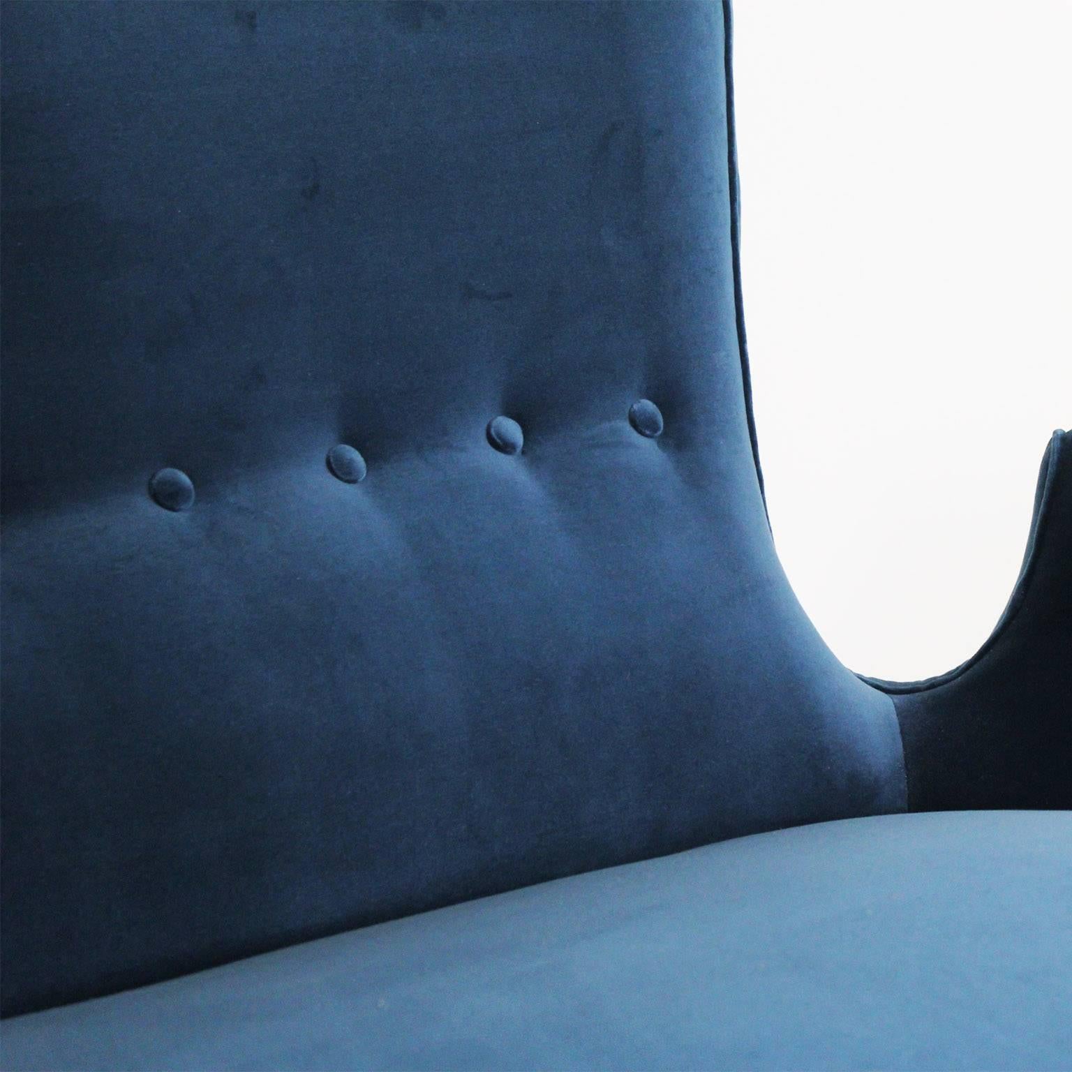Set of Sofa and Armchairs in Blue Velvet, 1950 In Good Condition For Sale In Toulouse, France