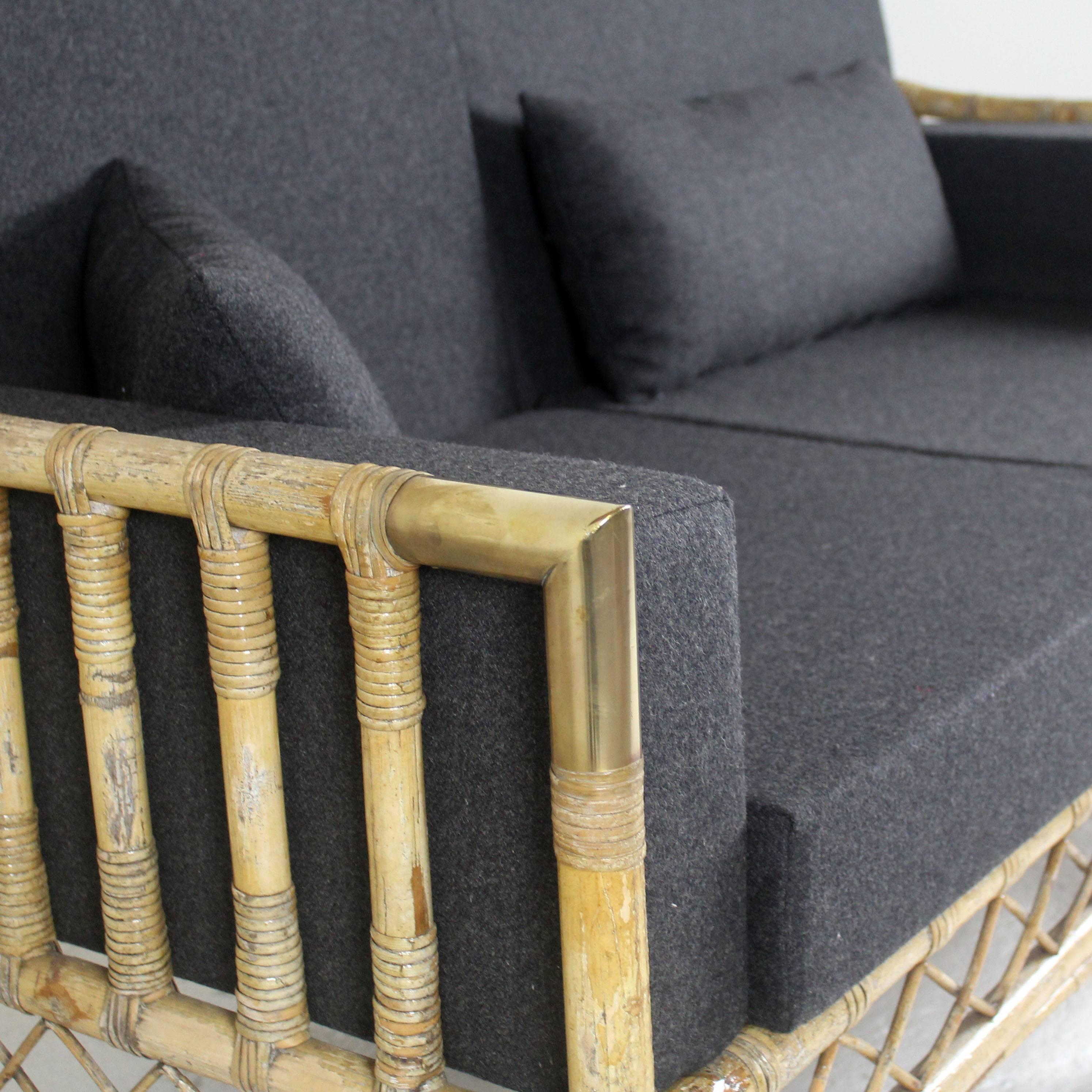Sofa in Bamboo, Rattan and Golden Brass, 1960 In Good Condition For Sale In Toulouse, France