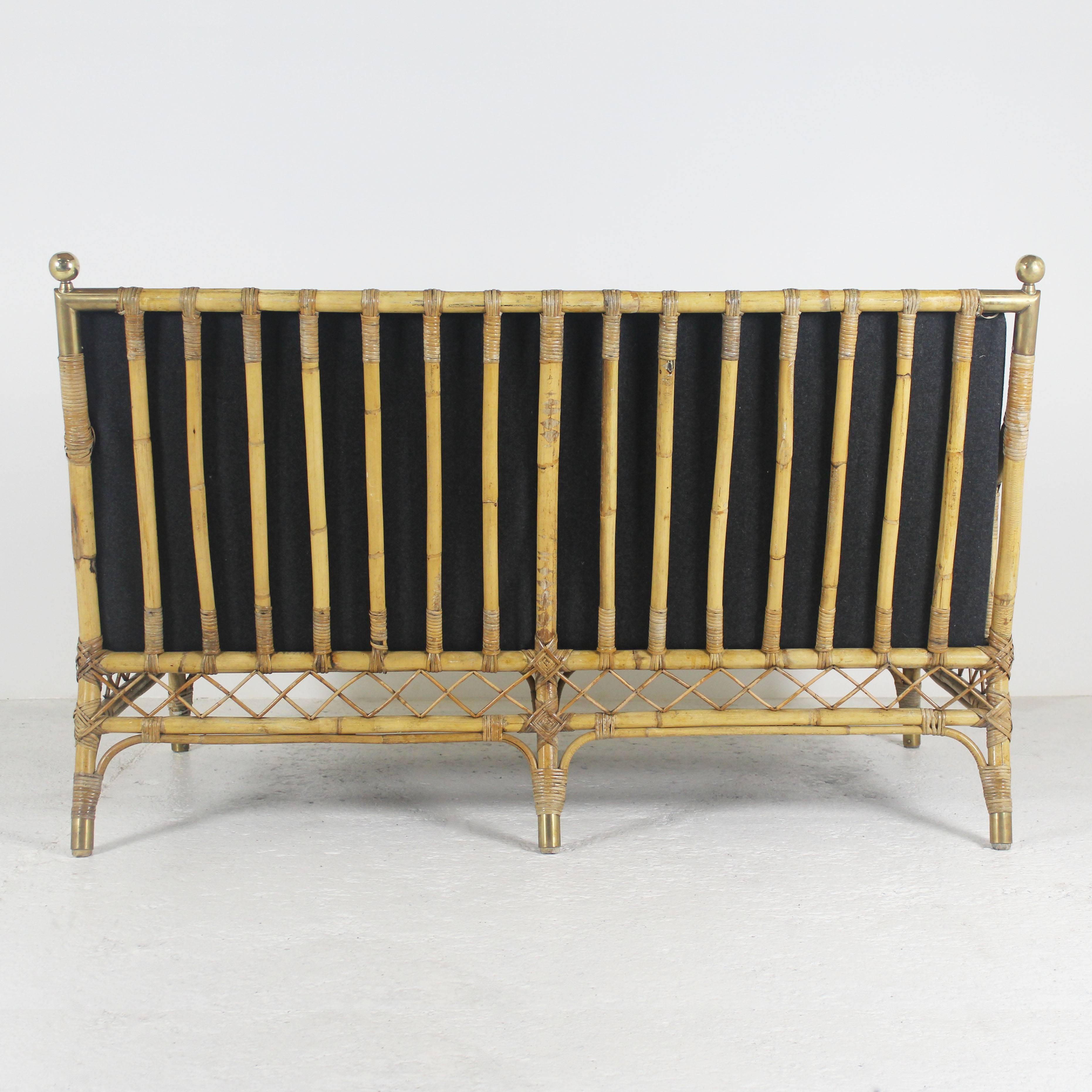 Mid-20th Century Sofa in Bamboo, Rattan and Golden Brass, 1960 For Sale