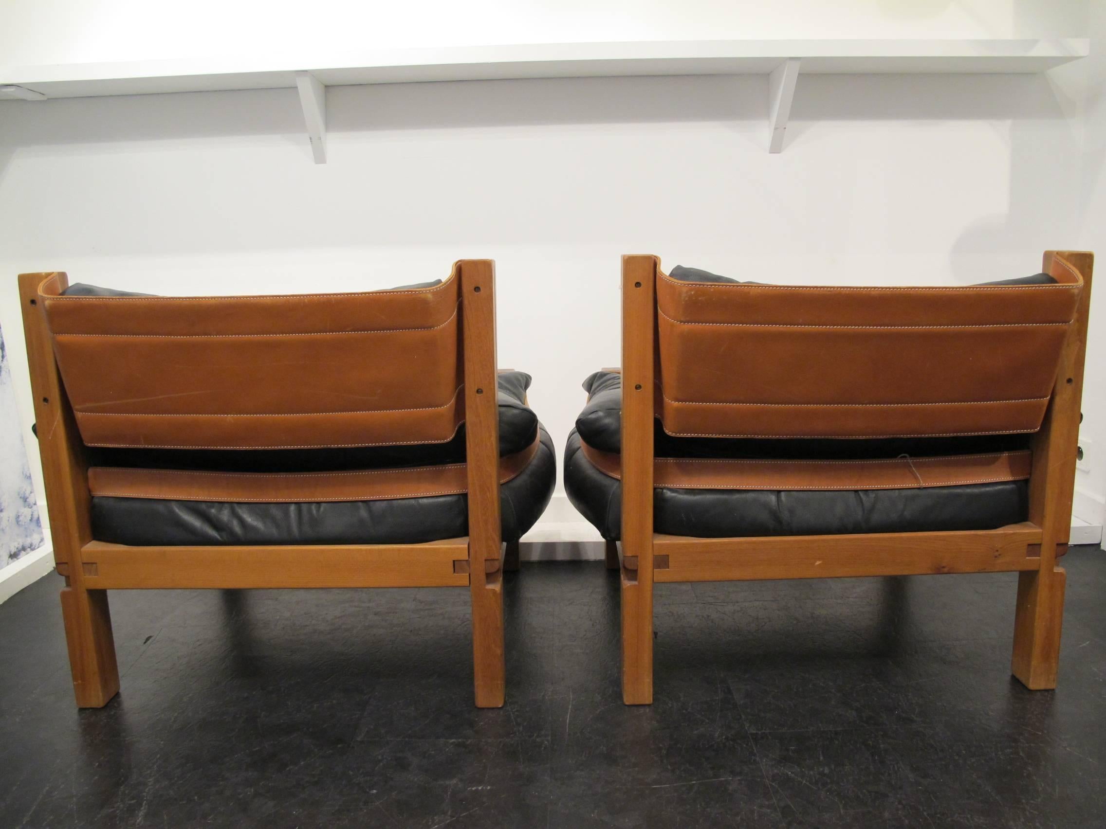 Leather Pair of 1960s Armchairs by Pierre Chapo