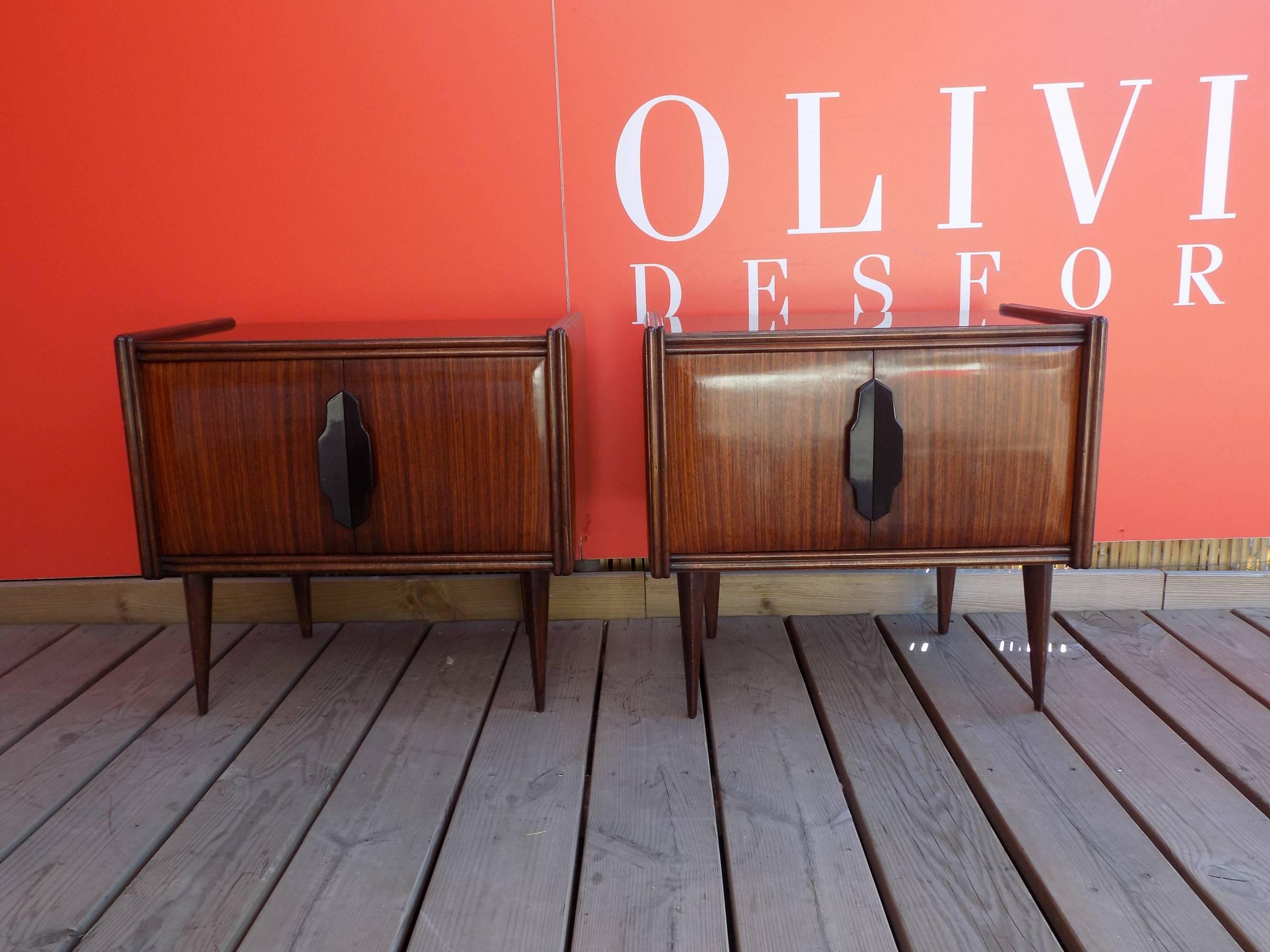 Pair of Italian palisander nightstands, circa 1960.