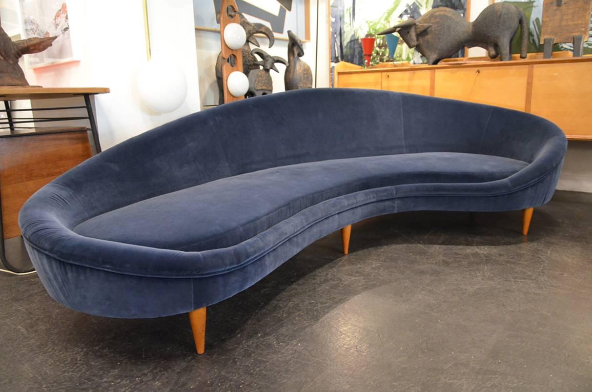 Blue velvet upholstery with solid handmade brass legs, Italian. Ico Parisi's
20th century Design classic which inspired this contemporary piece created for Roomscape’s Contemporary collection.