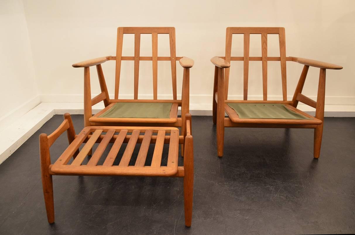 Mid-20th Century Huge Set of 4 1960 Hans Wegner Armchairs and One Ottoman for GETAMA