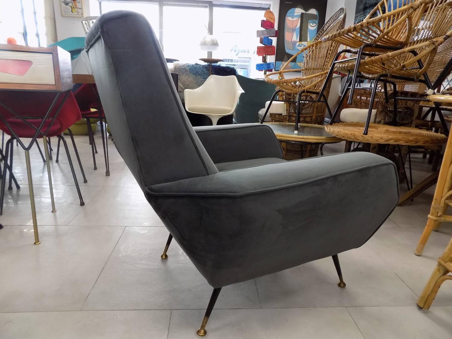 Beautiful Grey Velvet Pair of Armchairs in the Style of Marco Zanuso