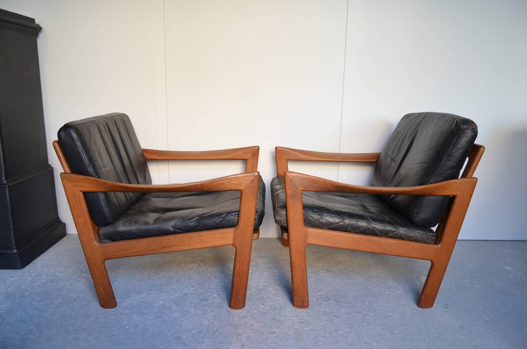 Mid-Century Modern Beautiful Set of Danish Black Leather Two Armchairs and Footstool, circa 1950