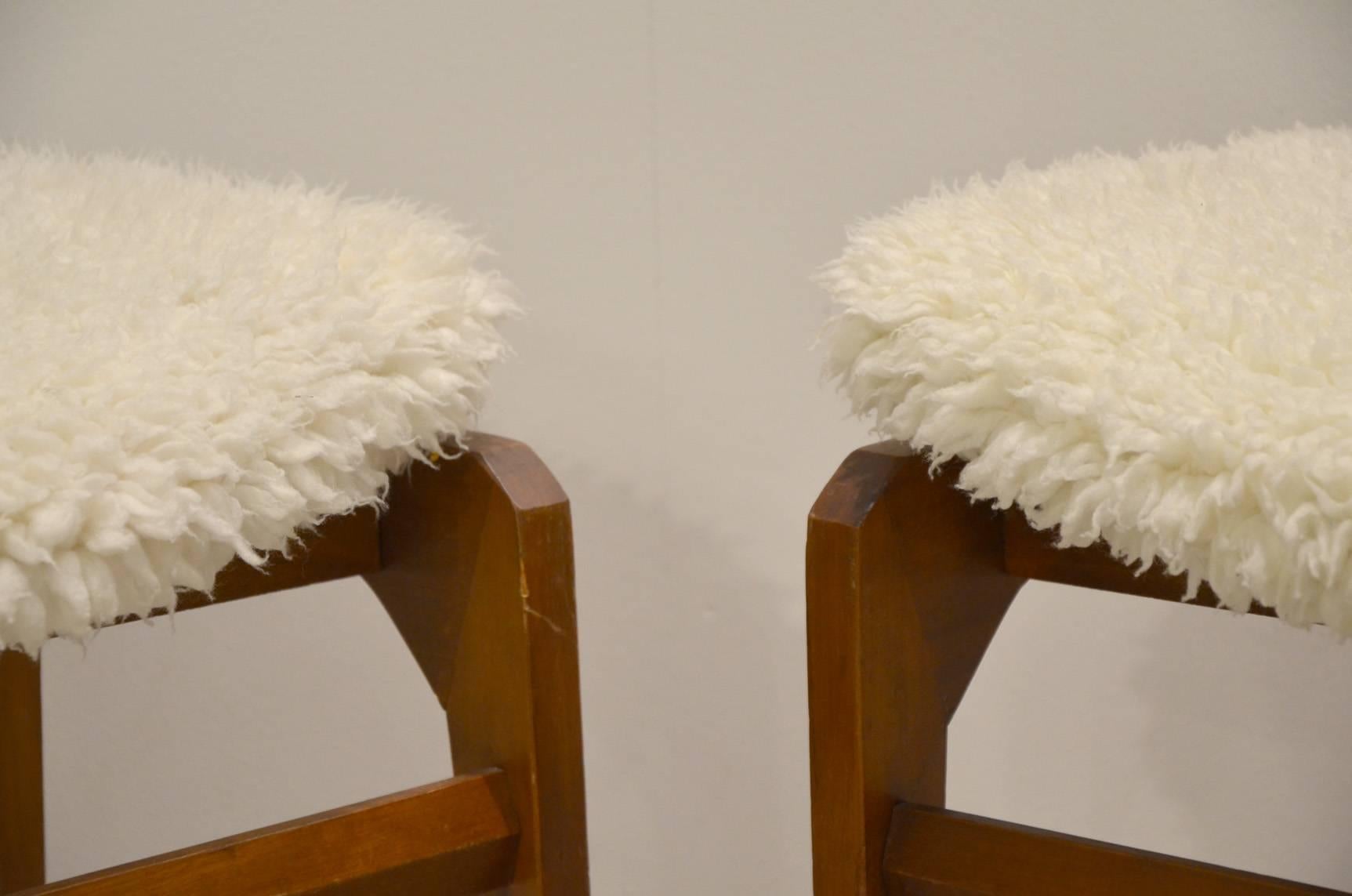 Beautiful Pair of Italian Wood and Sheep Fur, circa 1960 In Good Condition In Megeve, FR