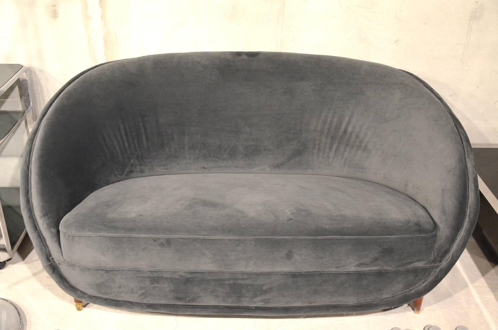 Beautiful Italian reupholstered grey velvet sofa, circa 1960.