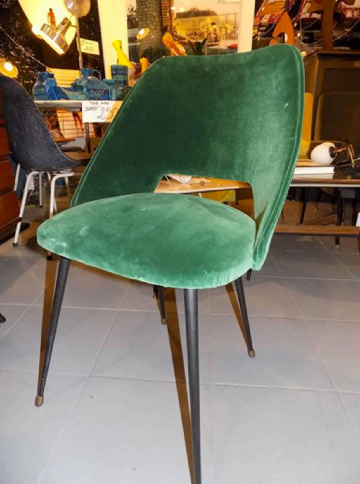 Set of Four French Reupholstered Chairs in a Green Velvet