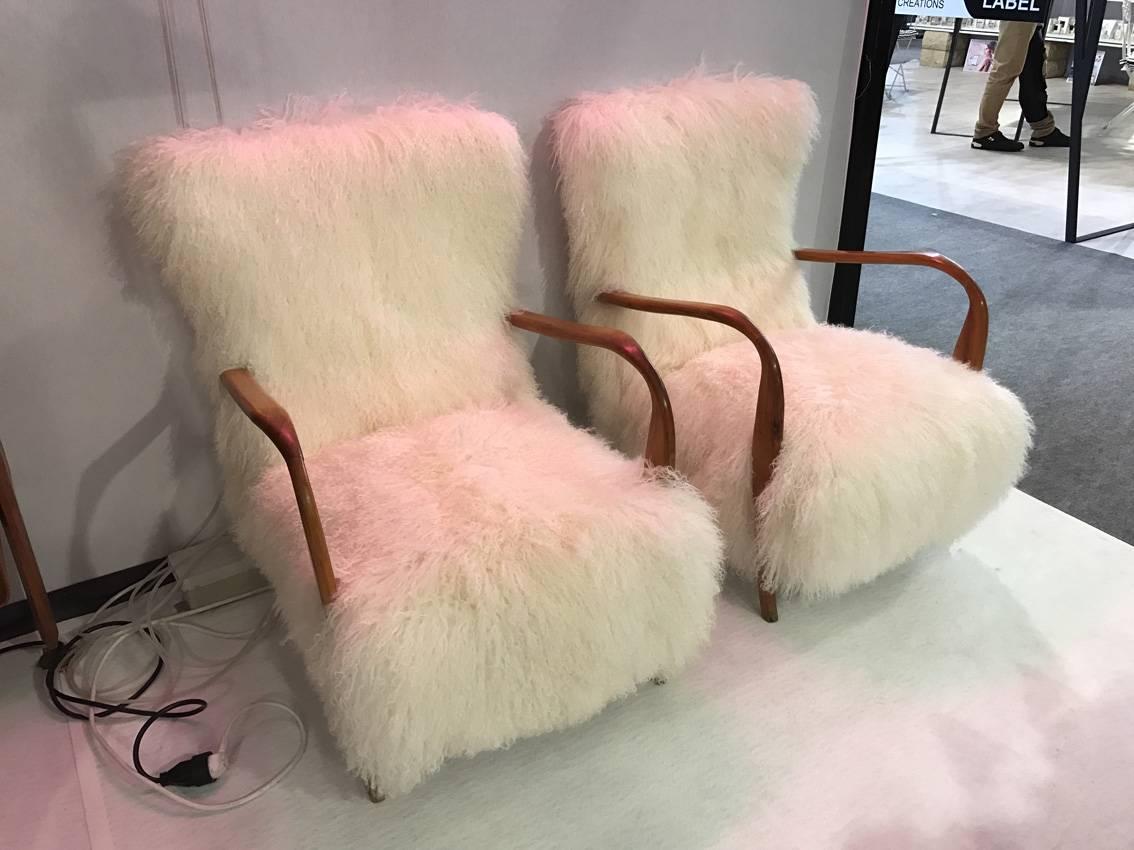 Mid-Century Modern Fantastic Pair of Italian Reupholstered Tibet Lamb Fur, circa 1960