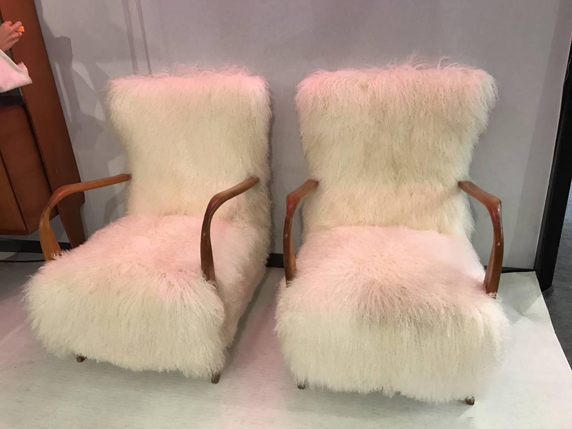 Fantastic Pair of Italian Reupholstered Tibet Lamb Fur, circa 1960 2