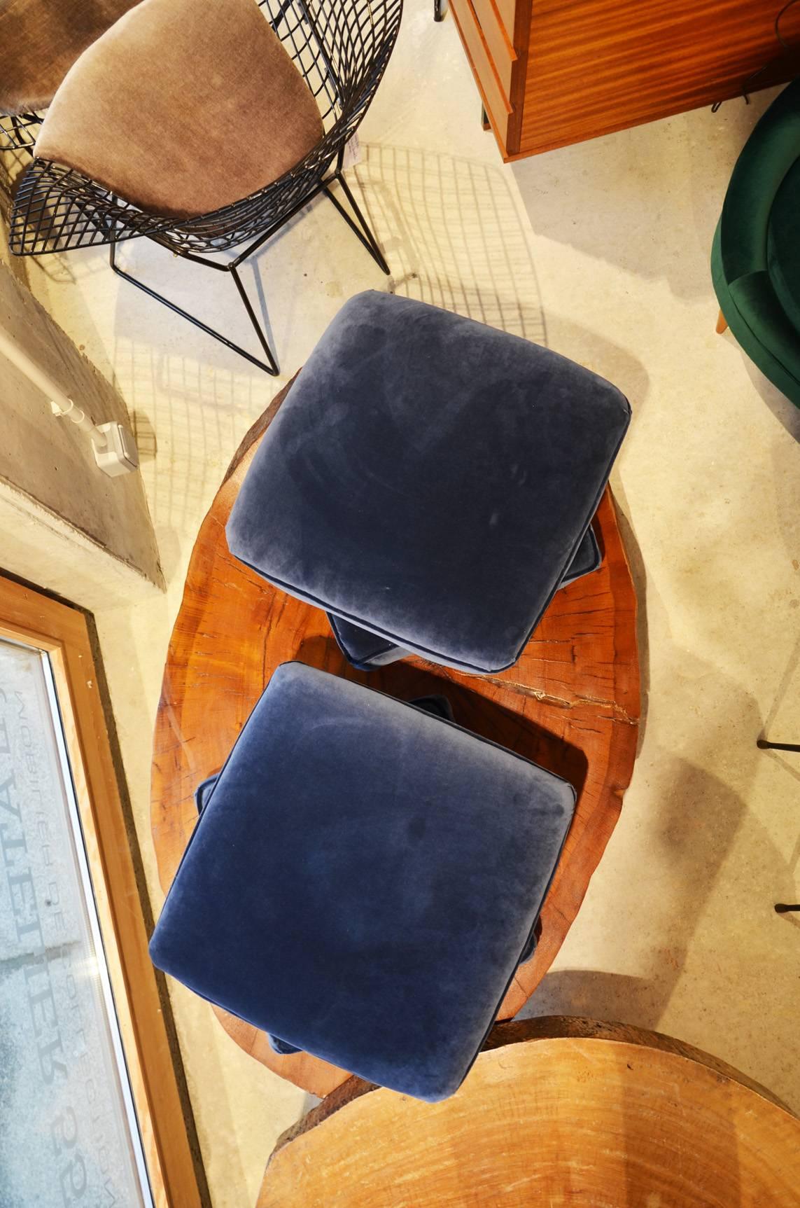 Beautiful Pair of Blue Velvet Stools, France, circa 1960 In Excellent Condition For Sale In Megeve, FR